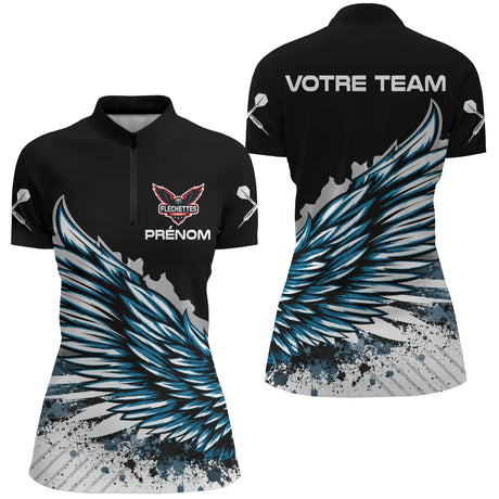 Polo Fléchettes Personnalisé - Ailes Bleues & Noir - Polo Zippé Femme