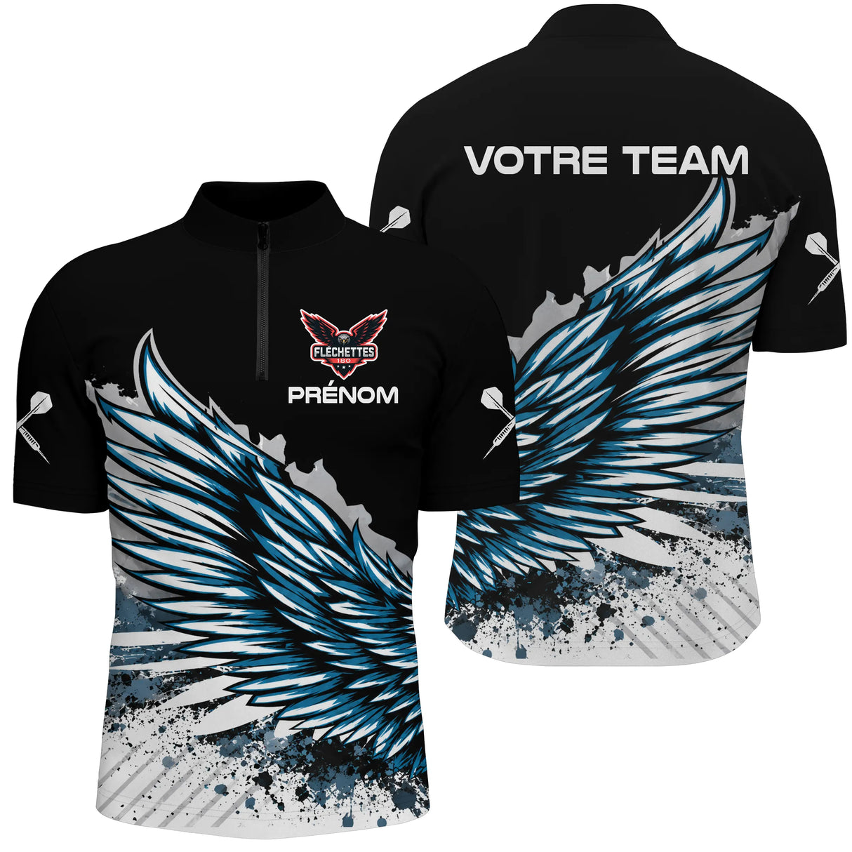 Polo Fléchettes Personnalisé - Ailes Bleues & Noir - Polo Zippé Homme
