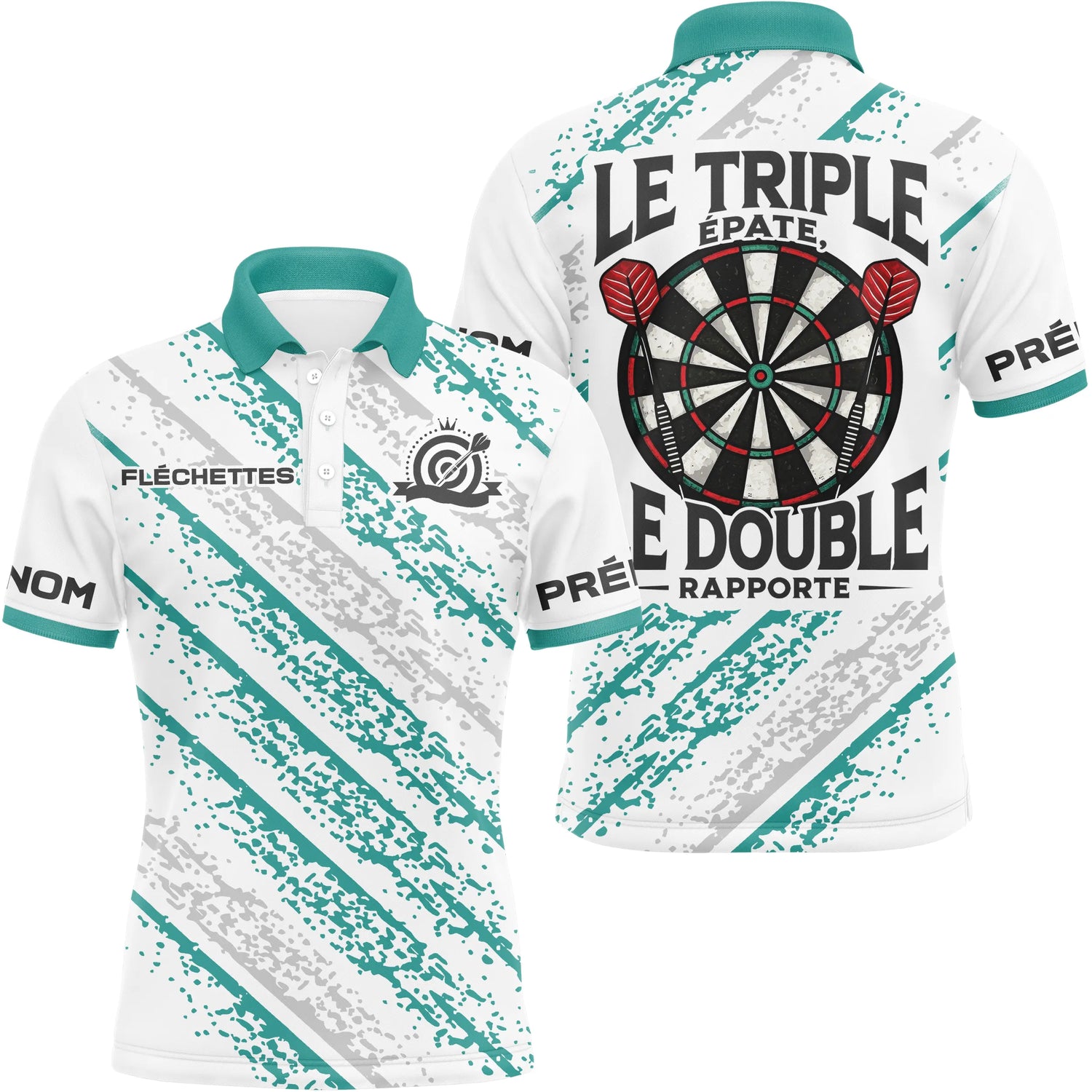 Polo Fléchettes Personnalisé - Blanc & Turquoise Sport - Polo Homme