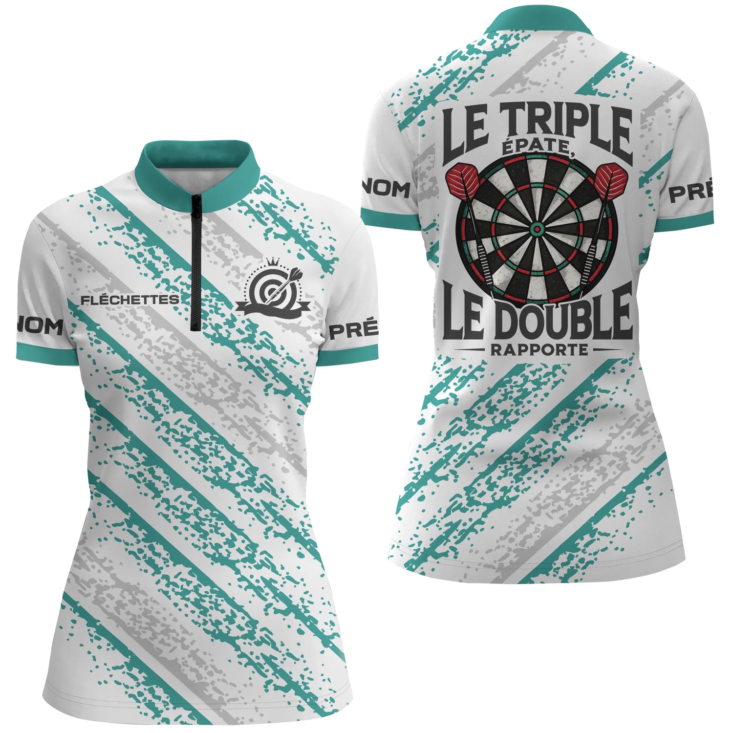 Polo Fléchettes Personnalisé - Blanc & Turquoise Sport - Polo Zippé Femme