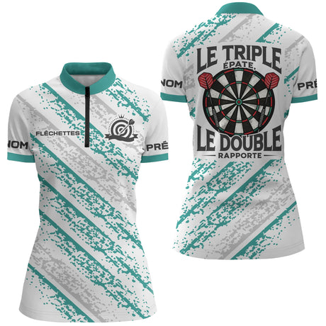 Polo Fléchettes Personnalisé - Blanc & Turquoise Sport - Polo Zippé Femme
