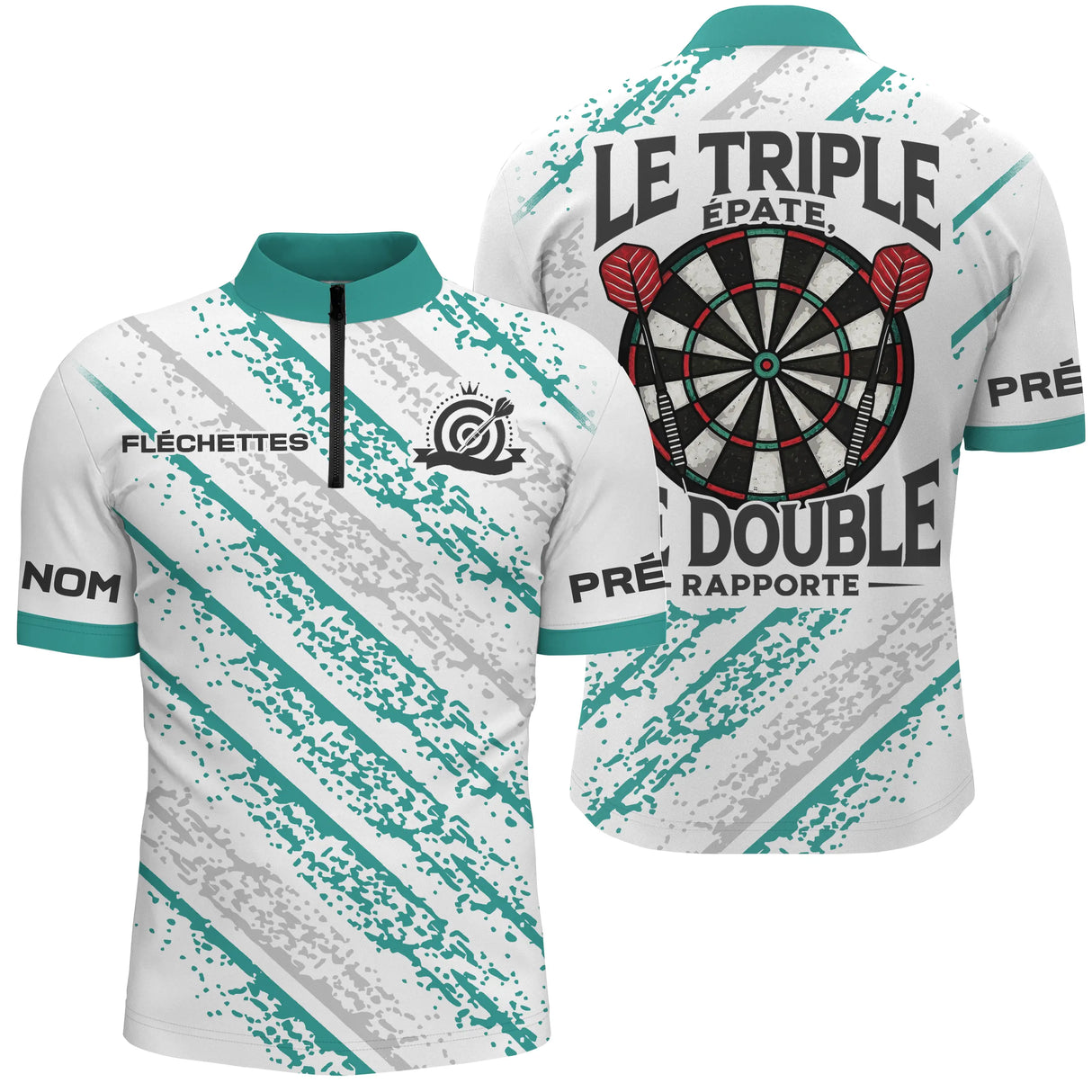 Polo Fléchettes Personnalisé - Blanc & Turquoise Sport - Polo Zippé Homme