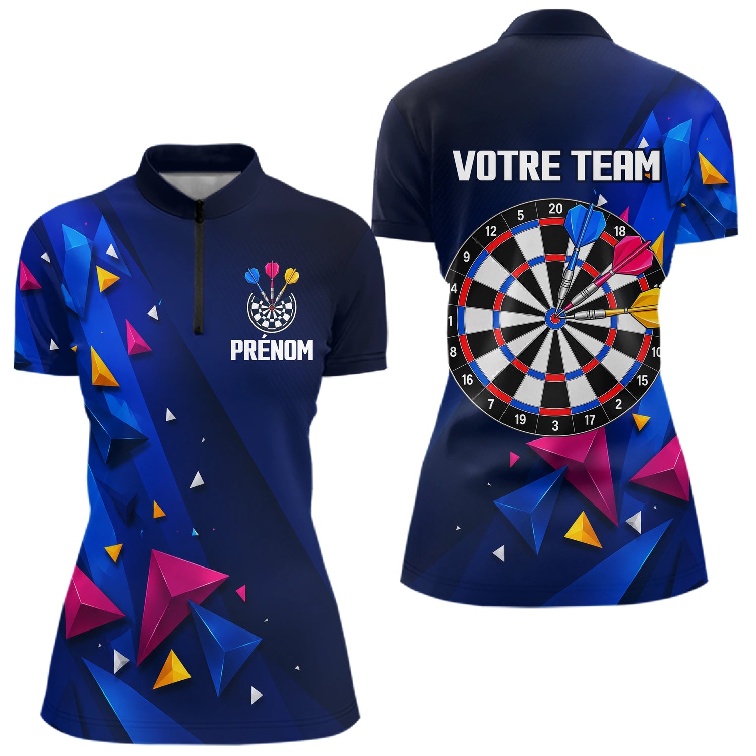 Polo Fléchettes Personnalisé - Bleu & Géométrique 3D - Polo Zippé Femme