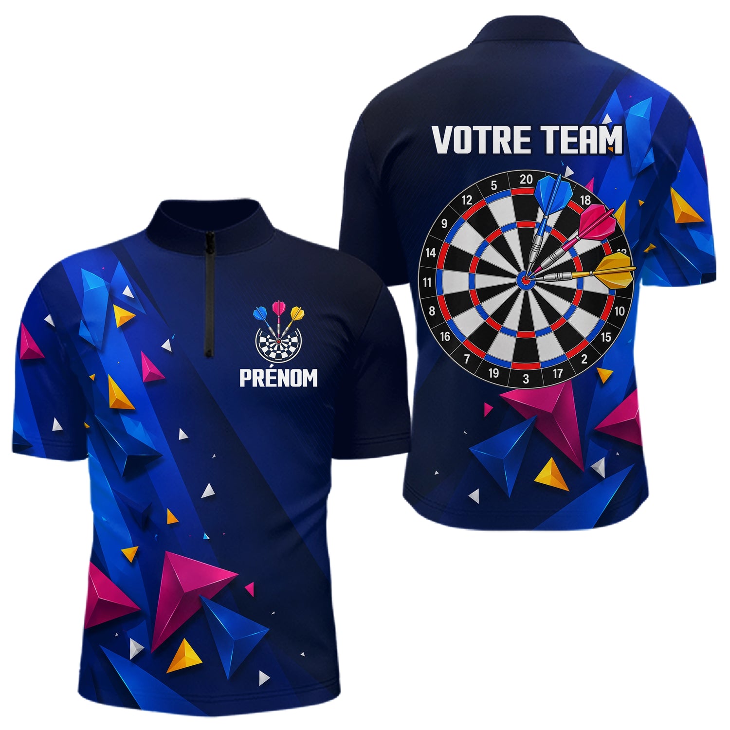 Polo Fléchettes Personnalisé - Bleu & Géométrique 3D - Polo Zippé Homme
