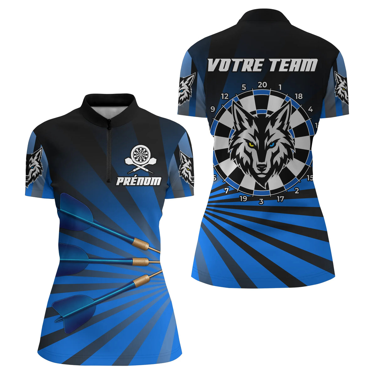 Polo Fléchettes Personnalisé - Bleu Loup Team - Polo Zippé Femme