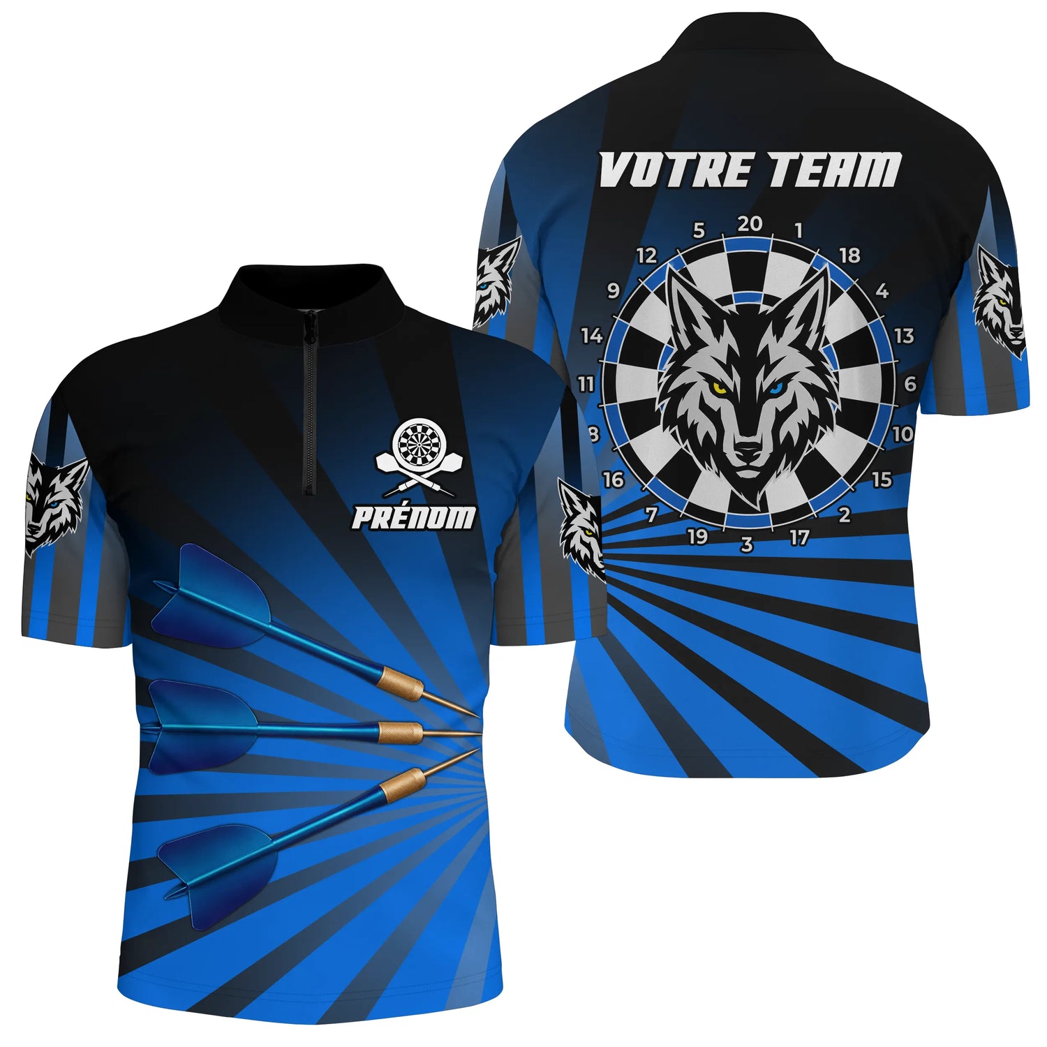 Polo Fléchettes Personnalisé - Bleu Loup Team - Polo Zippé Homme