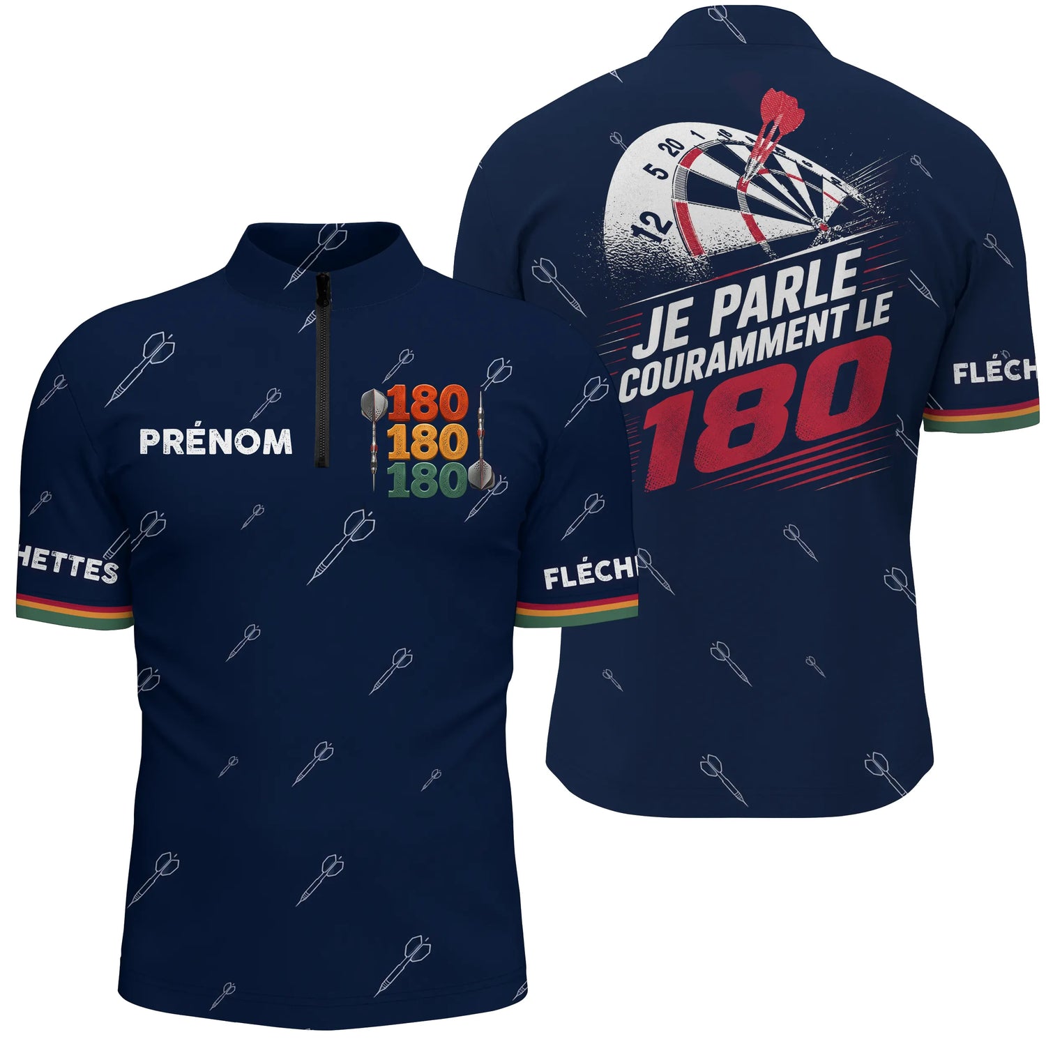 Polo Fléchettes Personnalisé - Bleu Marine "180" - Polo Zippé Homme
