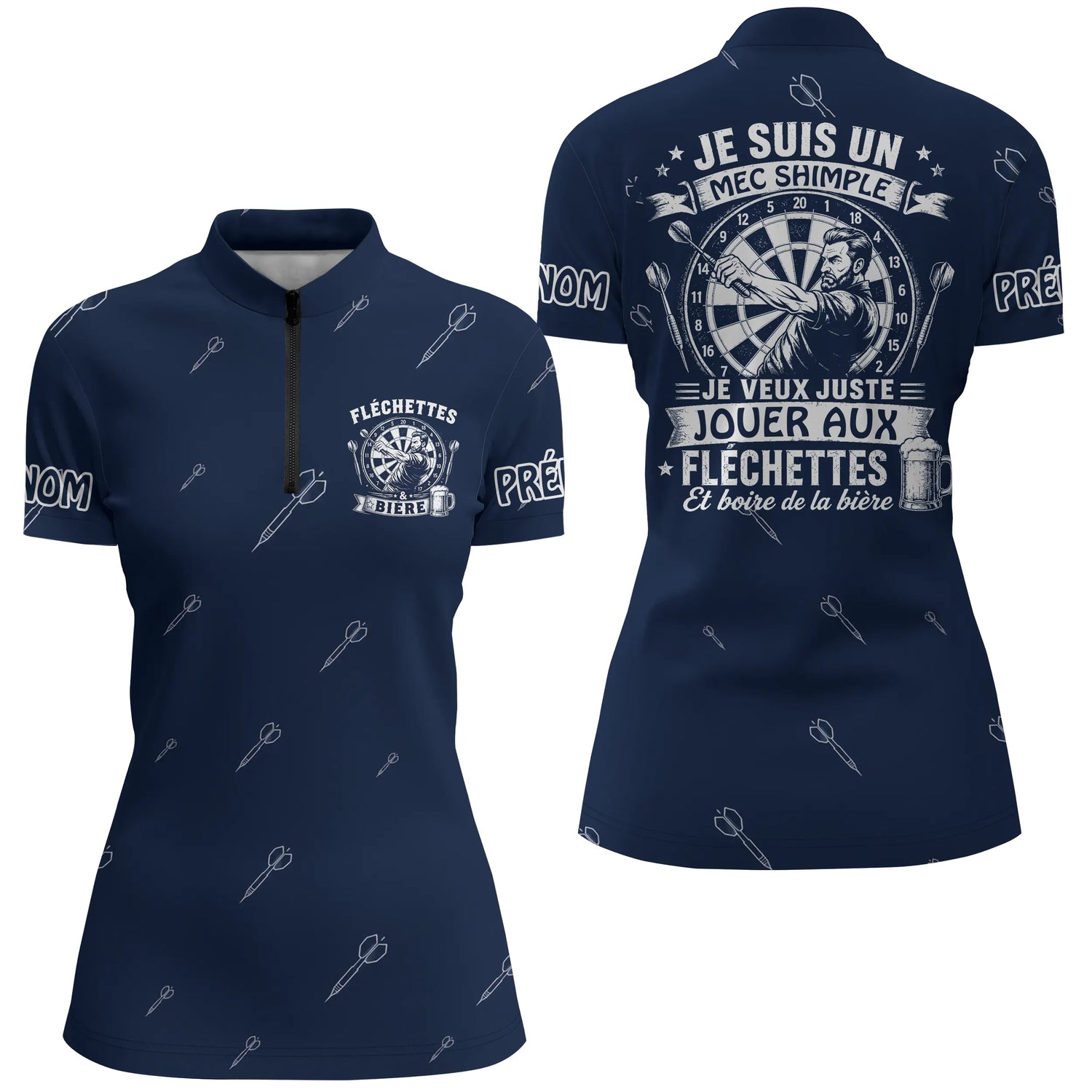 Polo Fléchettes Personnalisé - Bleu Marine Humour - Polo Zippé Femme
