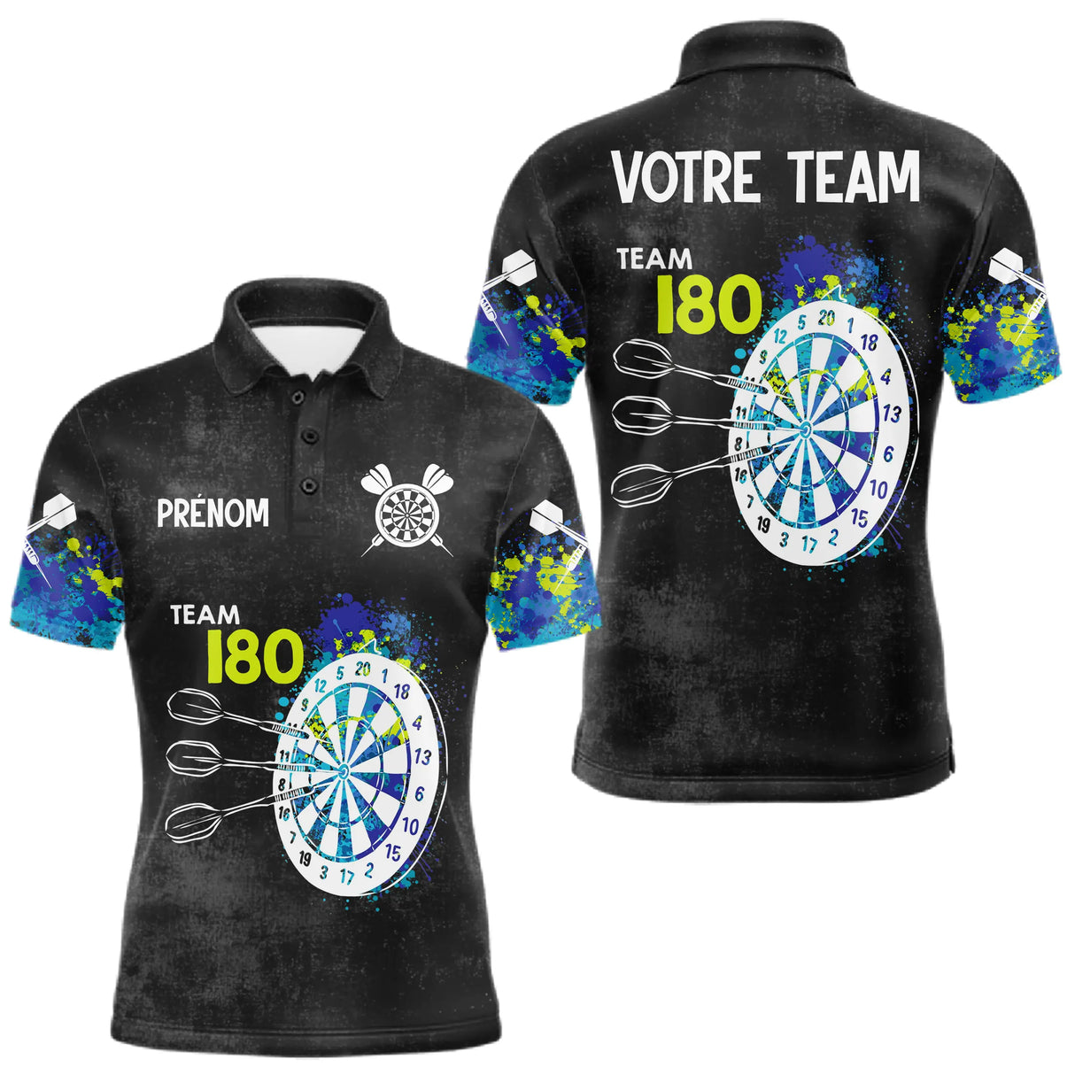 Polo Fléchettes Personnalisé - Bleu & Neon Team 180 - Polo Homme