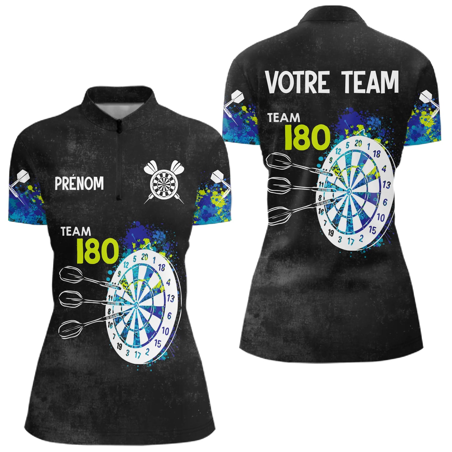 Polo Fléchettes Personnalisé - Bleu & Neon Team 180 - Polo Zippé Femme