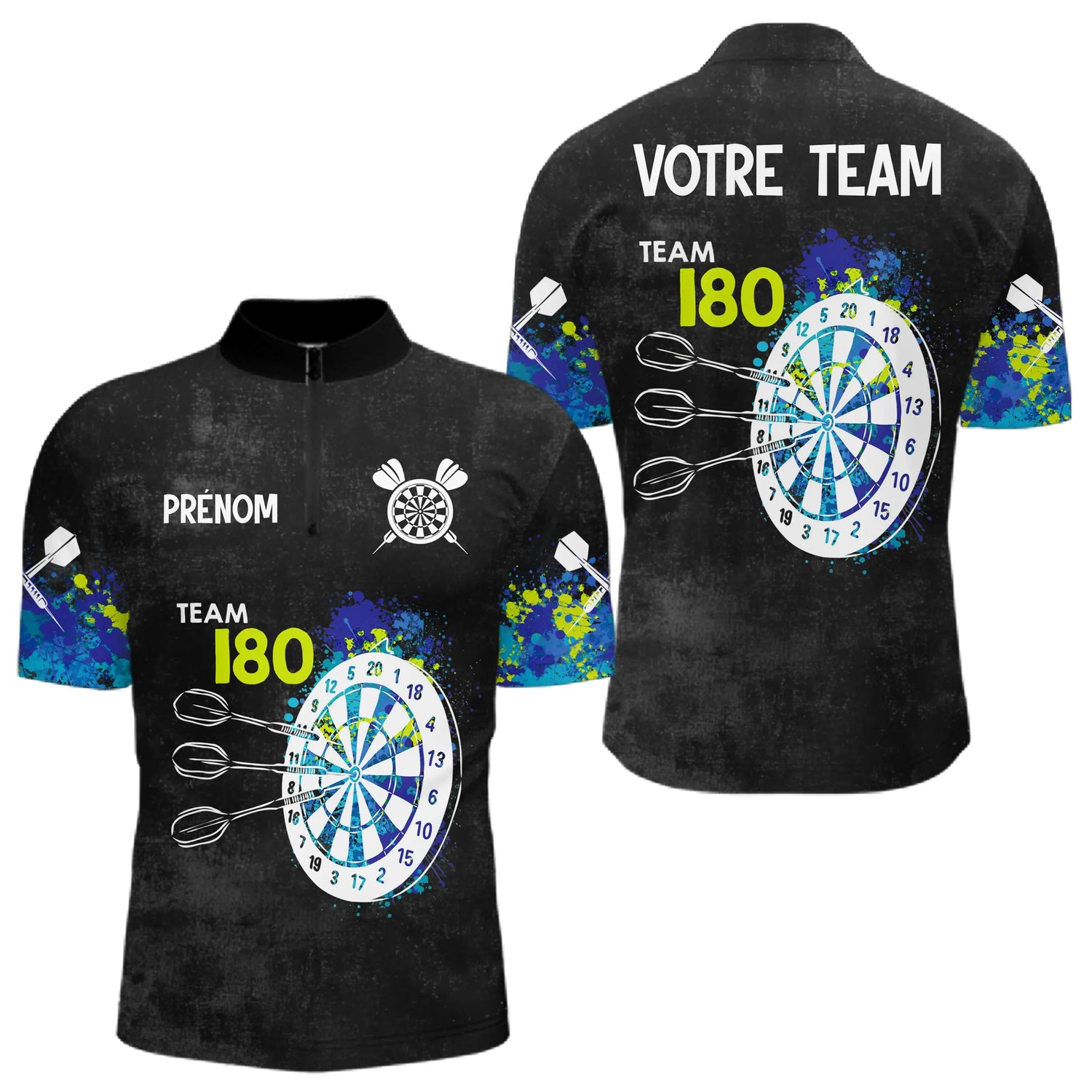 Polo Fléchettes Personnalisé - Bleu & Neon Team 180 - Polo Zippé Homme