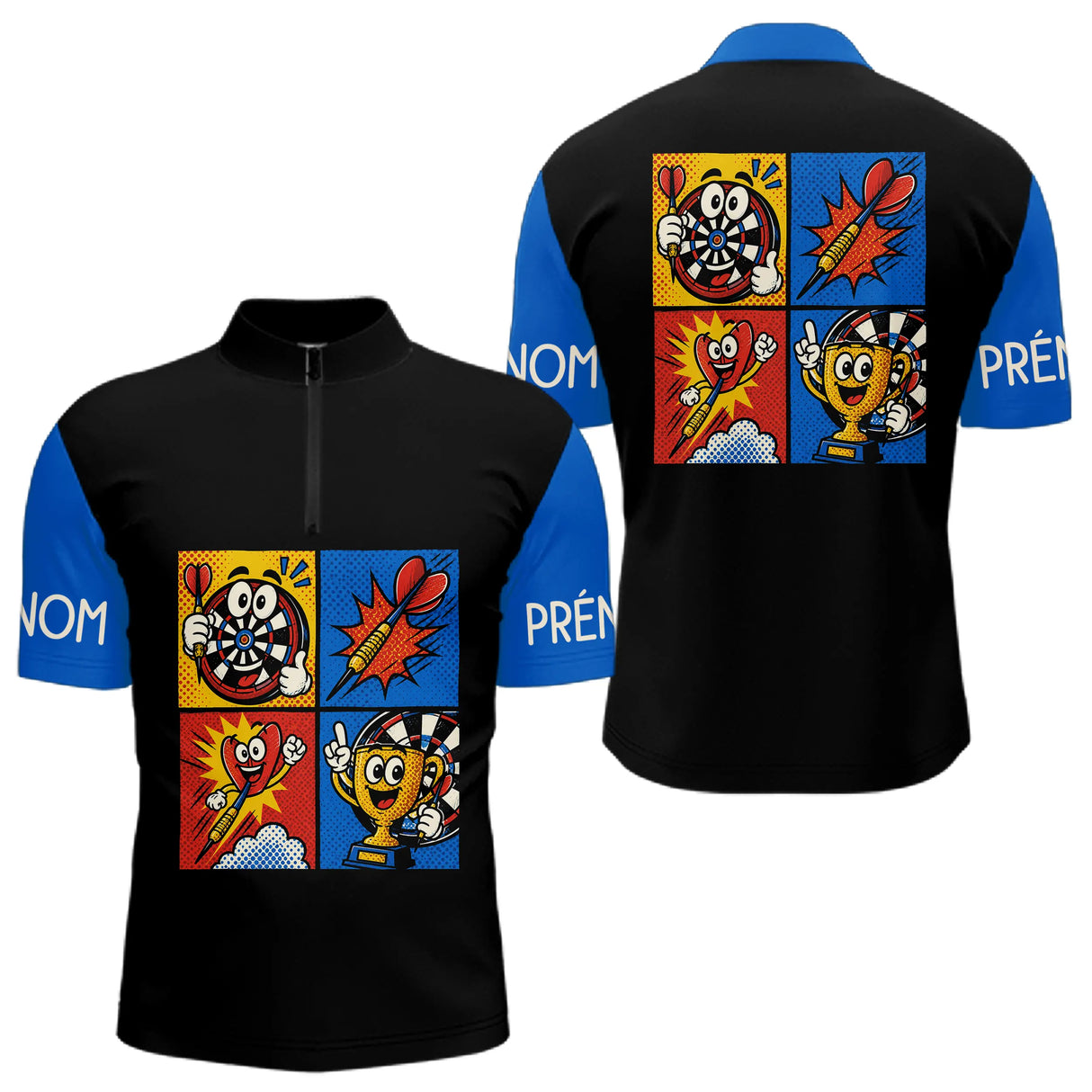 Polo Fléchettes Personnalisé - Bleu & Noir Comic Style - Polo Zippé Homme