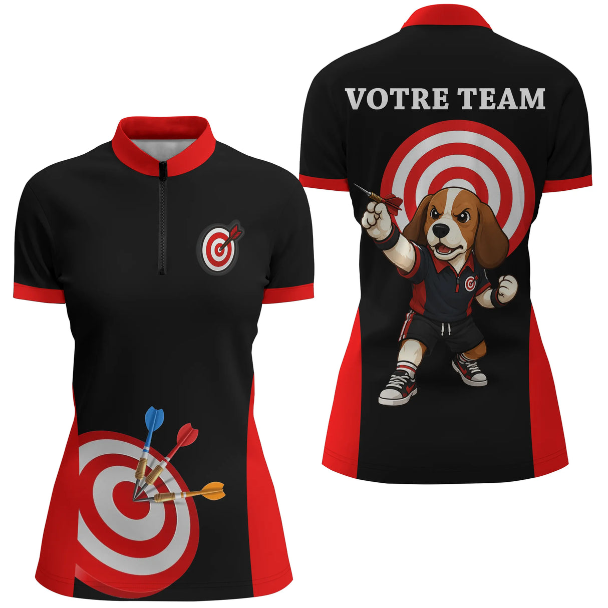 Polo Fléchettes Personnalisé - Chien Noir & Rouge - Polo Zippé Femme
