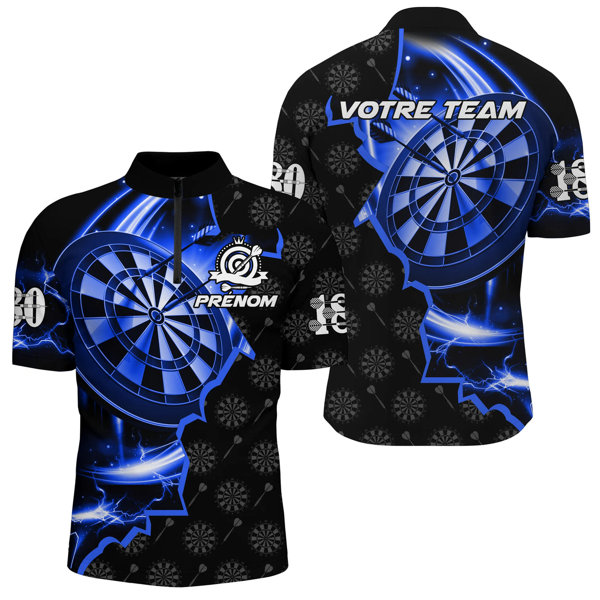 Polo Fléchettes Personnalisé - Design 180 Électrique Bleu - Polo Zippé Homme