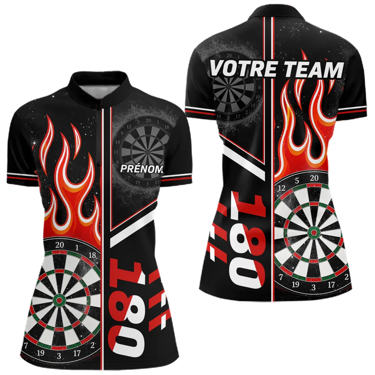 Polo Fléchettes Personnalisé - Feu 180 Noir Homme Femme - Polo Zippé Femme