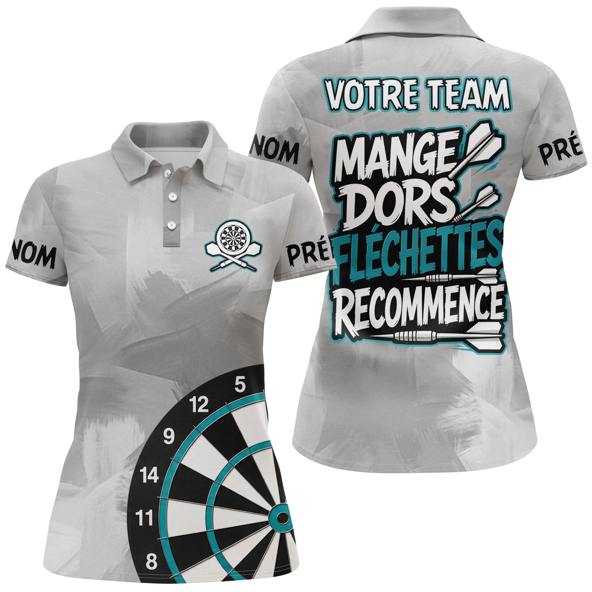Polo Fléchettes Personnalisé - Gris & Turquoise Sportif - Polo Femme