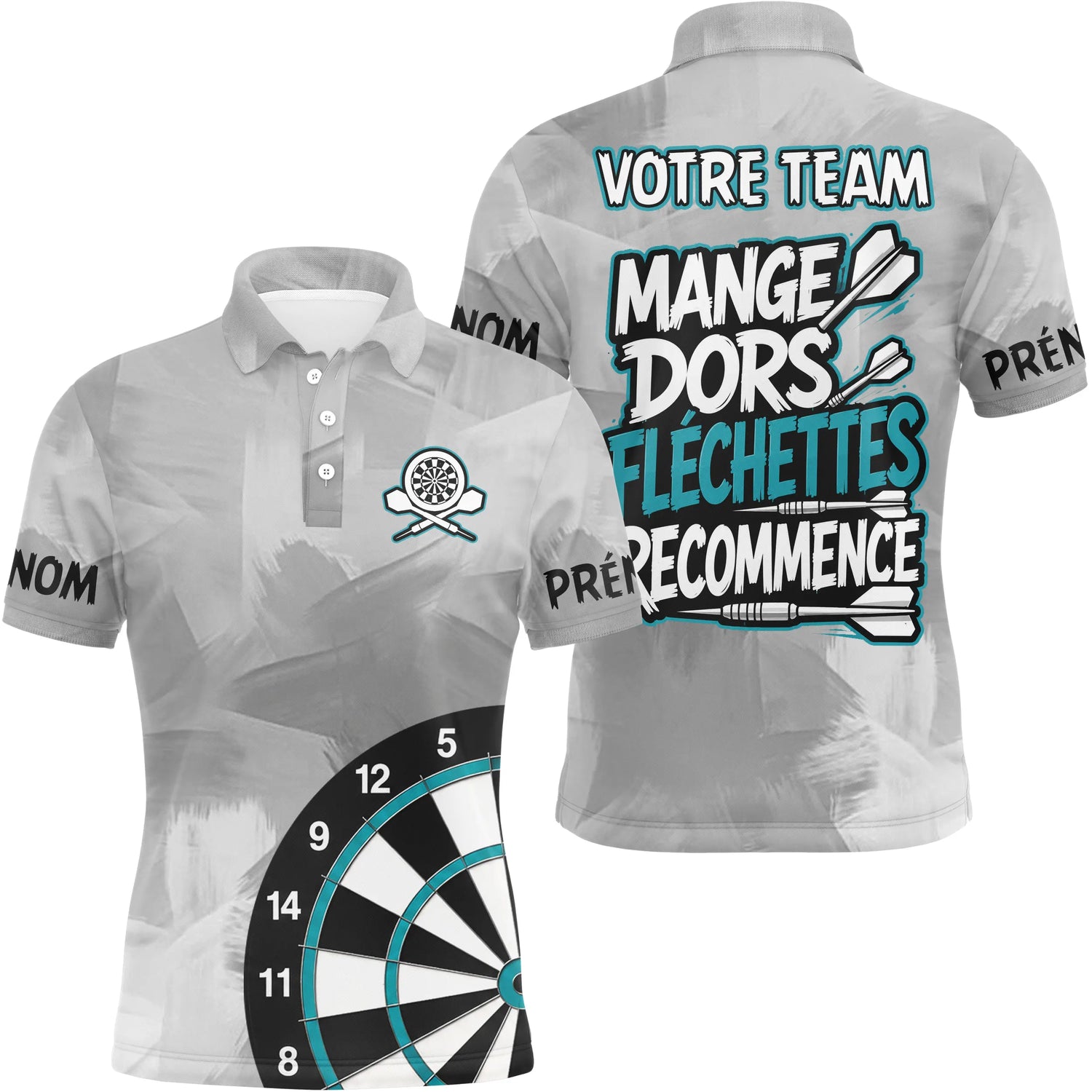 Polo Fléchettes Personnalisé - Gris & Turquoise Sportif - Polo Homme