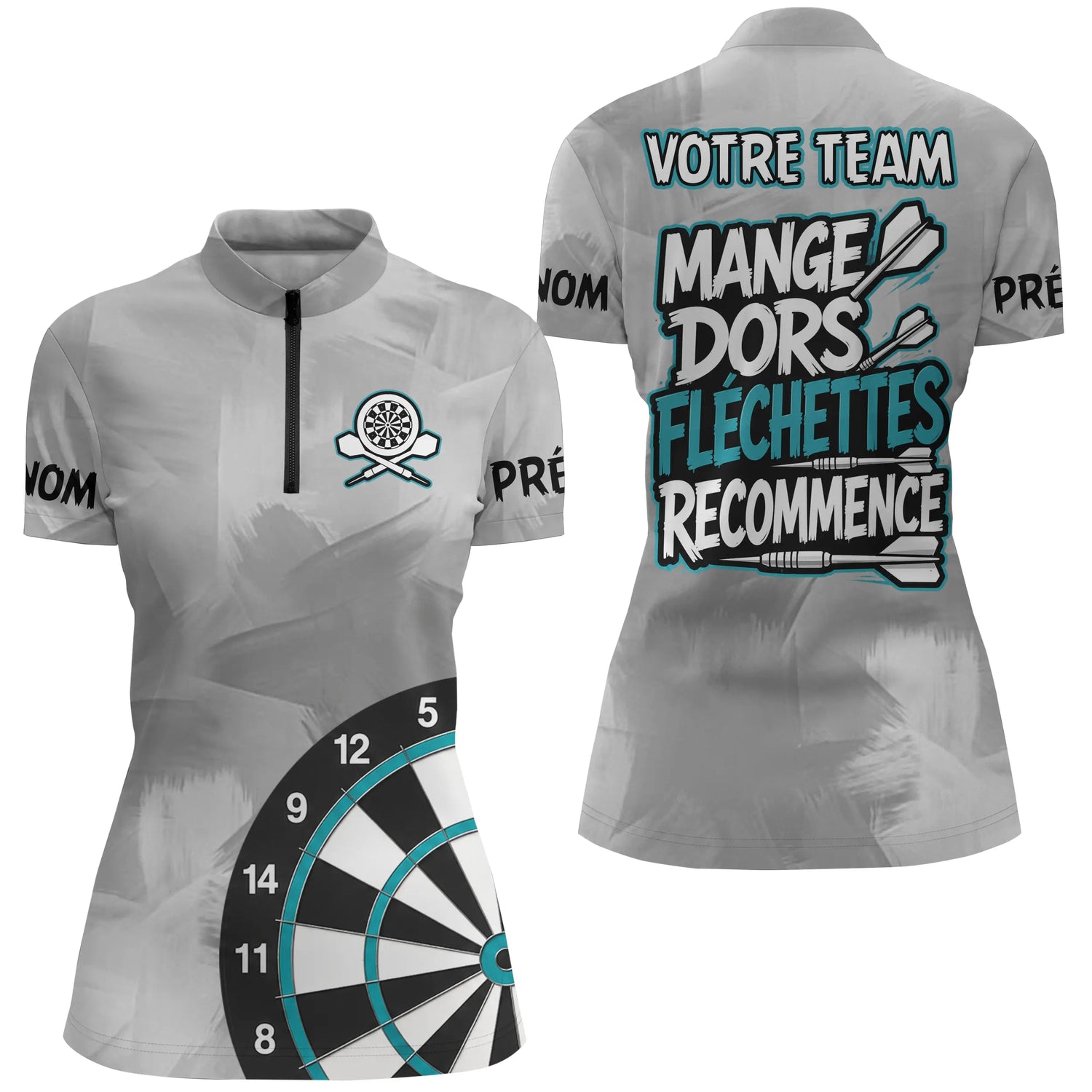 Polo Fléchettes Personnalisé - Gris & Turquoise Sportif - Polo Zippé Femme