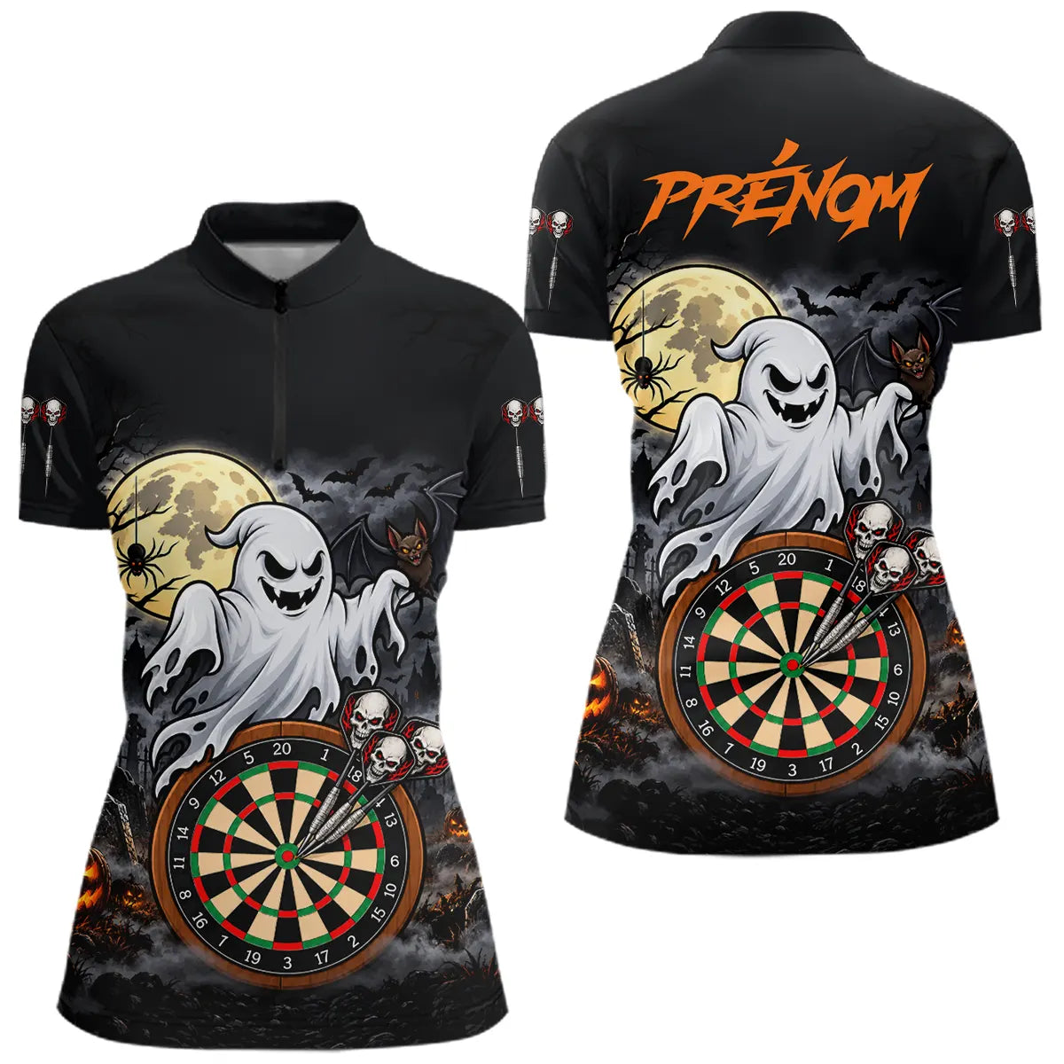 Polo Fléchettes Personnalisé - Halloween Fantôme Noir & Orange - Polo Zippé Femme