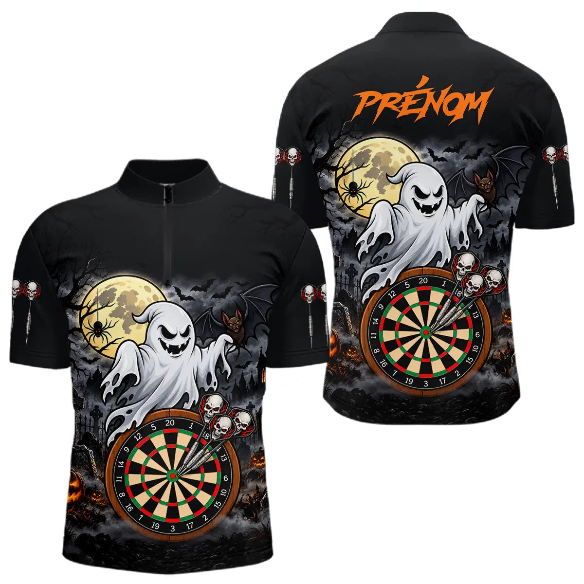 Polo Fléchettes Personnalisé - Halloween Fantôme Noir & Orange - Polo Zippé Homme