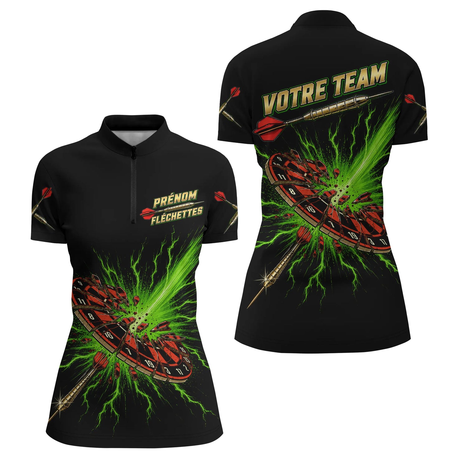Polo Fléchettes Personnalisé - Impact Explosif Vert - Polo Zippé Femme