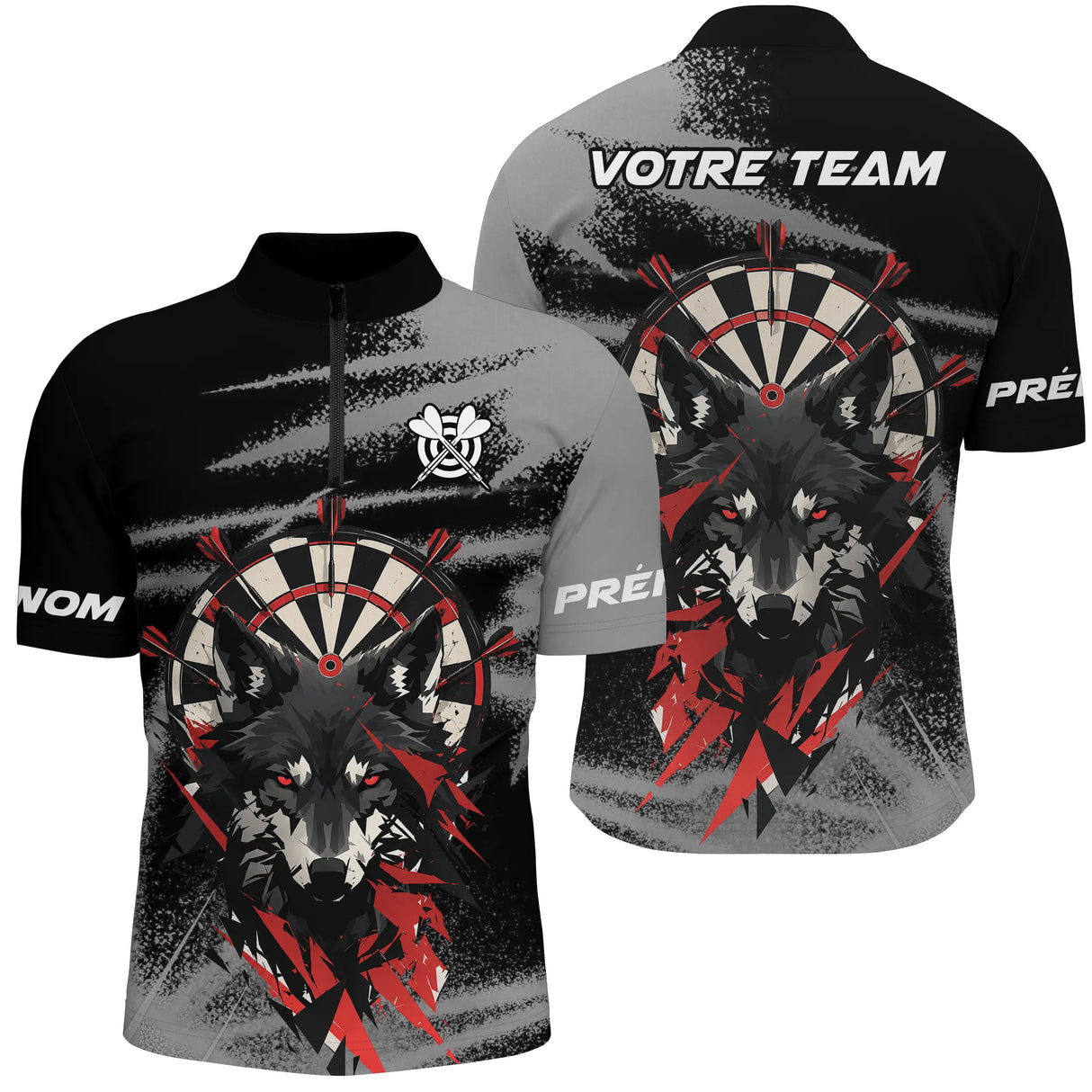 Polo Fléchettes Personnalisé - Imprimé Loup Cible Noir - Polo Zippé Homme