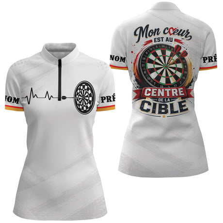 Polo Fléchettes Personnalisé - Noir & Blanc Cœur Cible - Polo Zippé Femme