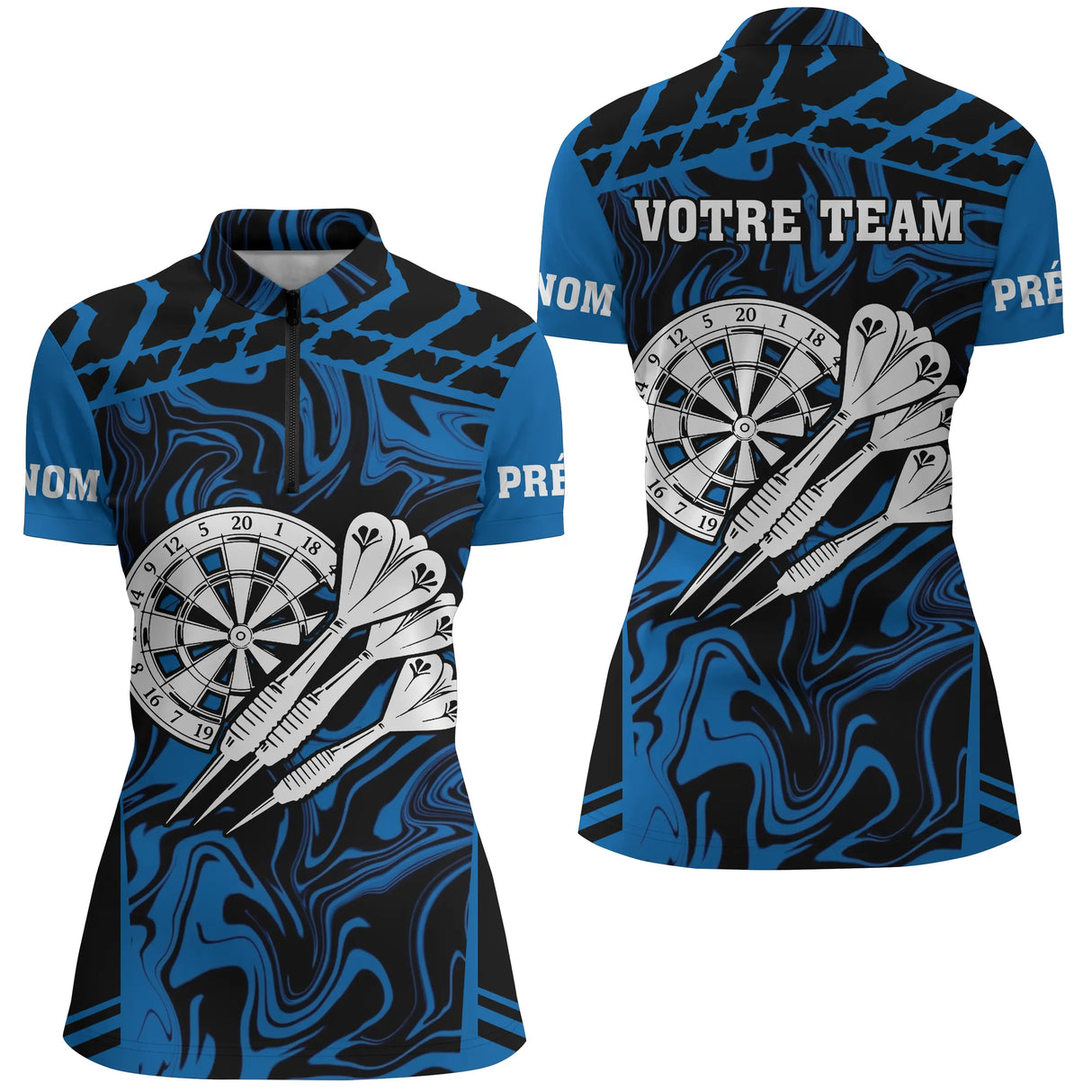 Polo Fléchettes Personnalisé - Noir & Bleu Électrique - Polo Zippé Femme