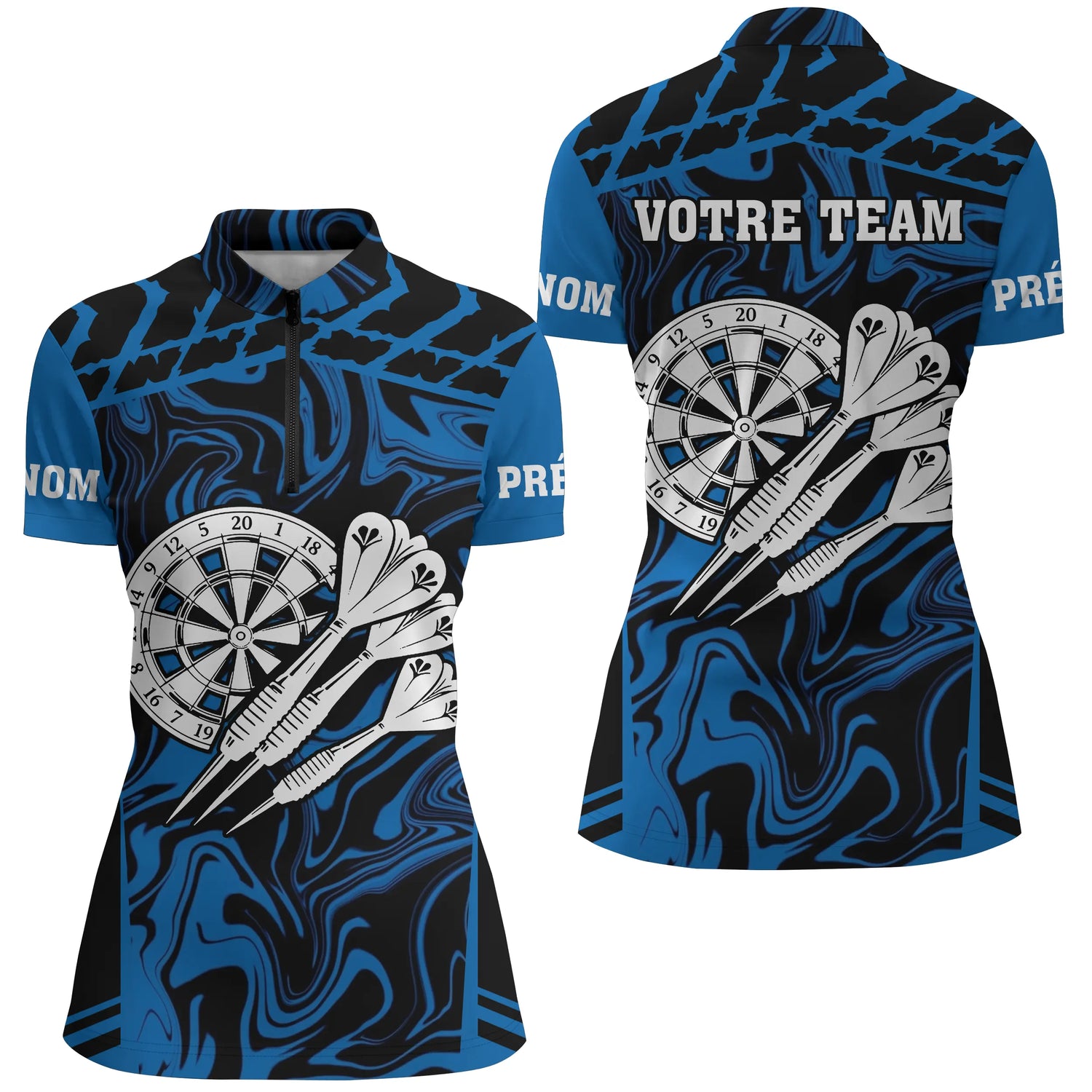 Polo Fléchettes Personnalisé - Noir & Bleu Électrique - Polo Zippé Femme