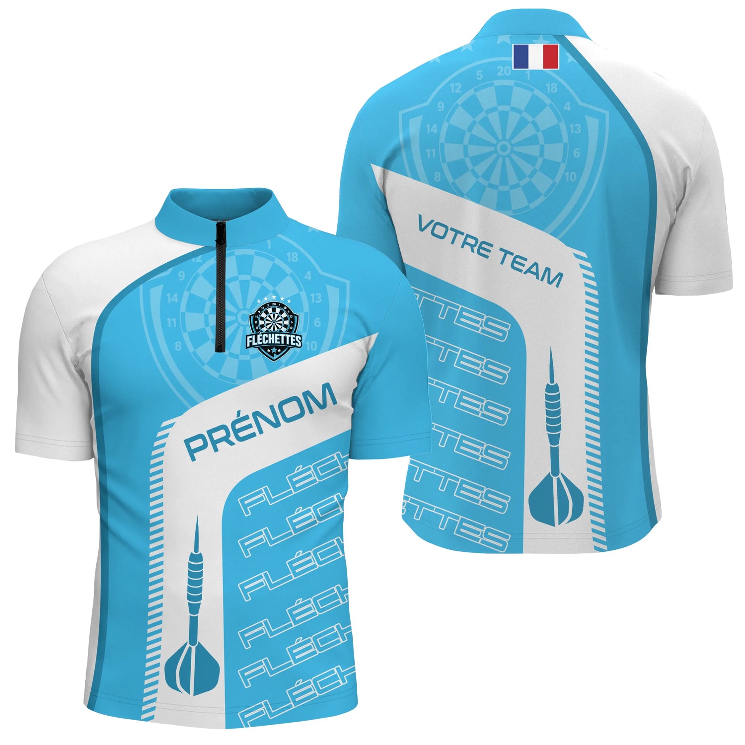 Polo Fléchettes Personnalisé - Style France Bleu Ciel - Polo Zippé Homme