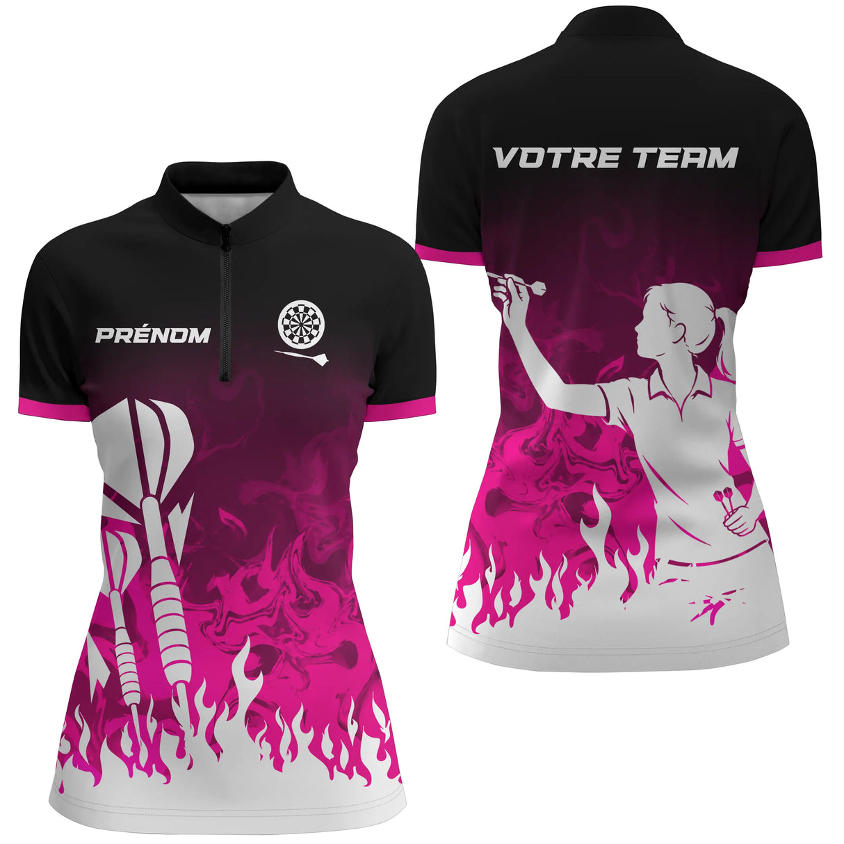 Polo Fléchettes Personnalisé - Style Noir & Rose Fuchsia - Polo Zippé Femme