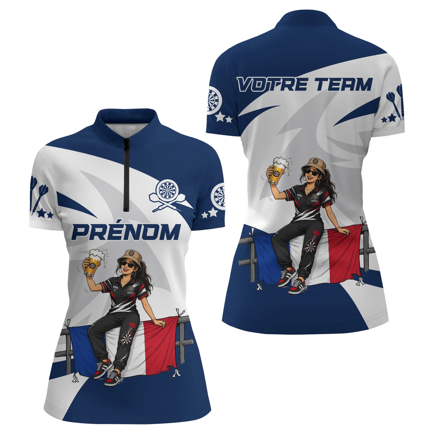 Polo Fléchettes Personnalisé - Style Supporter Français - Polo Zippé Femme