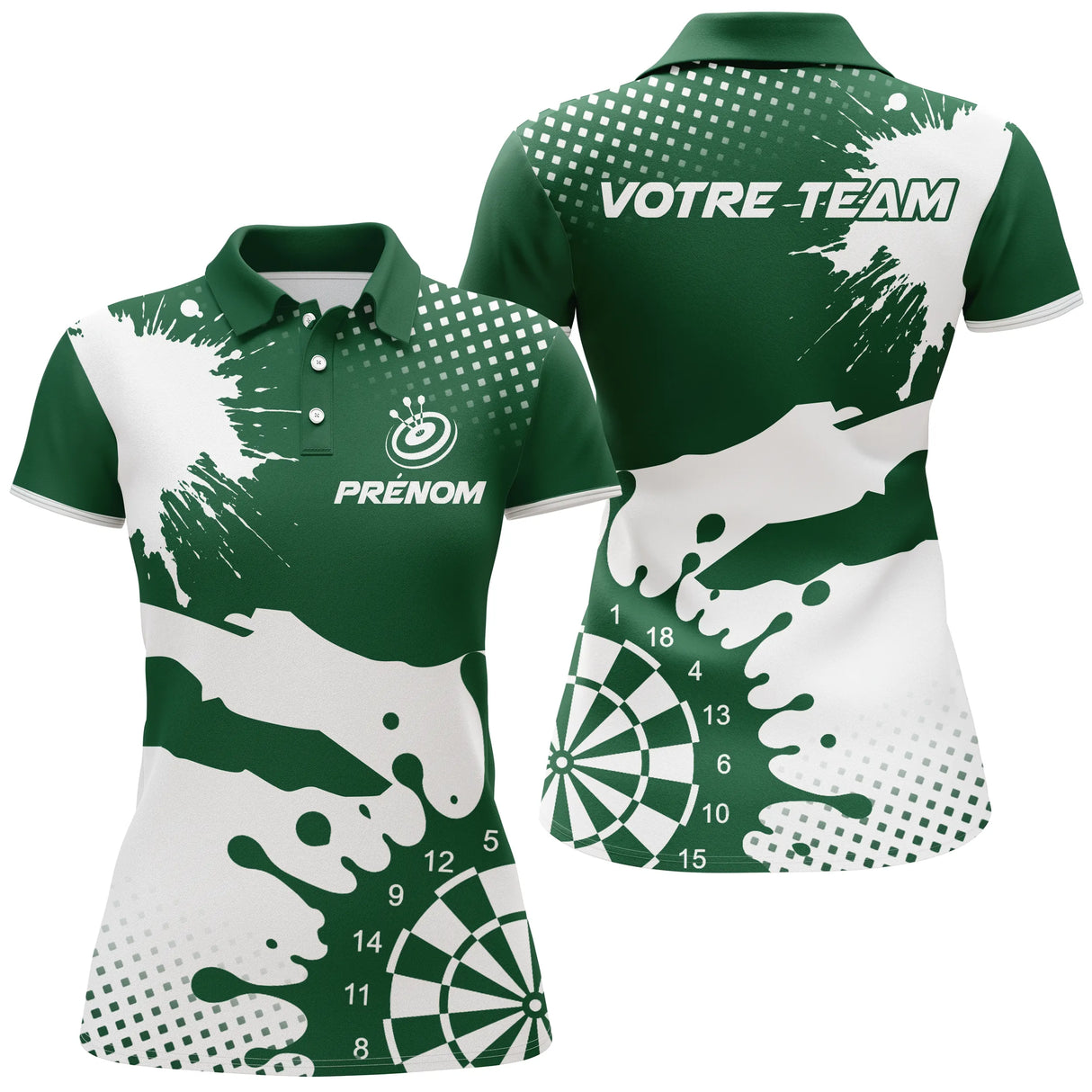 Polo Fléchettes Personnalisé - Vert Forêt & Blanc Splash - Polo Femme