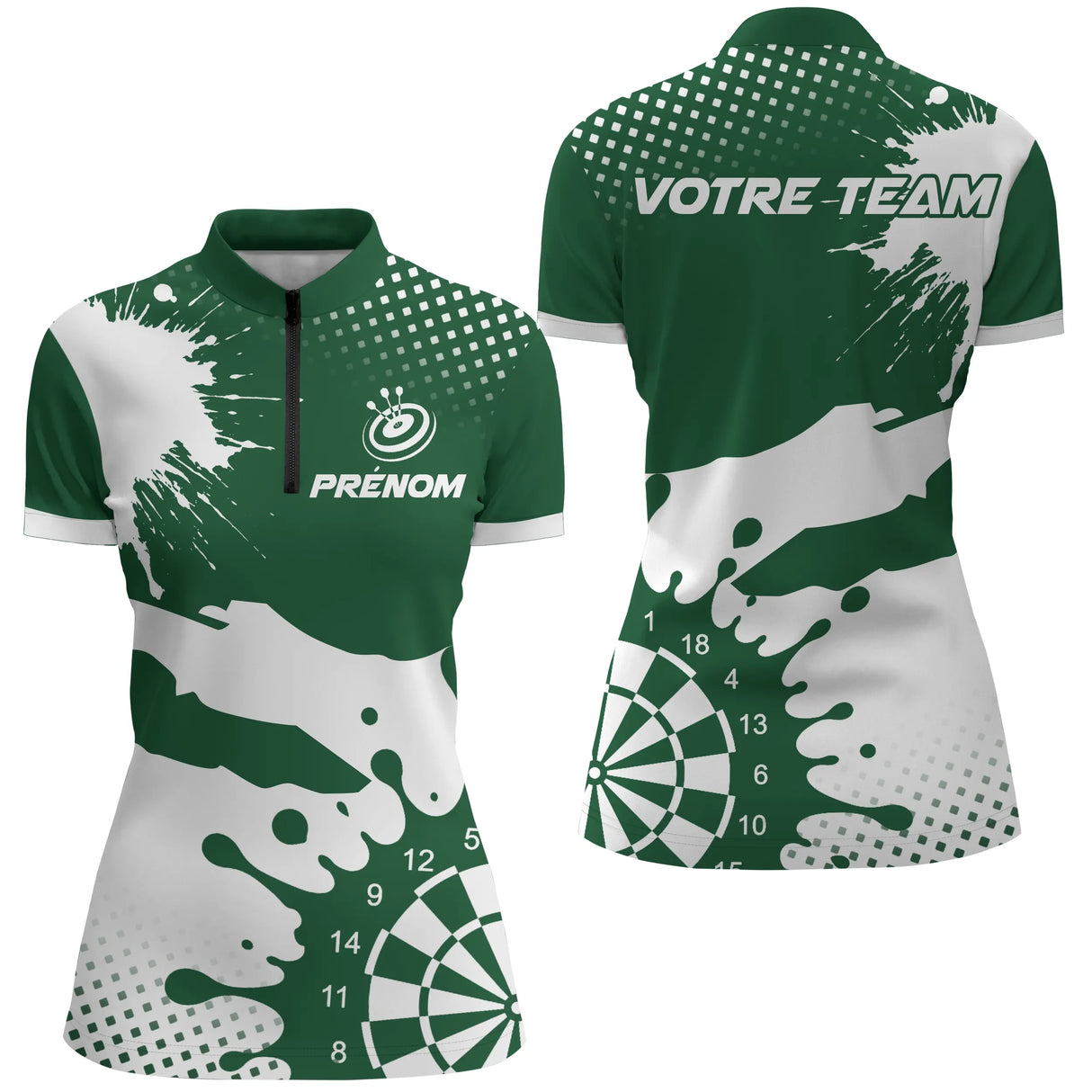 Polo Fléchettes Personnalisé - Vert Forêt & Blanc Splash - Polo Zippé Femme