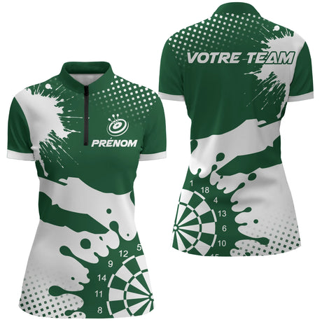 Polo Fléchettes Personnalisé - Vert Forêt & Blanc Splash - Polo Zippé Femme
