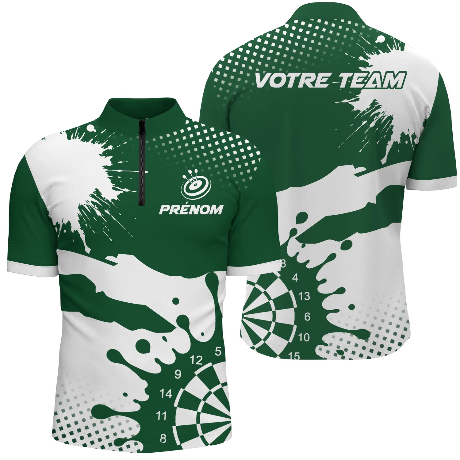 Polo Fléchettes Personnalisé - Vert Forêt & Blanc Splash - Polo Zippé Homme