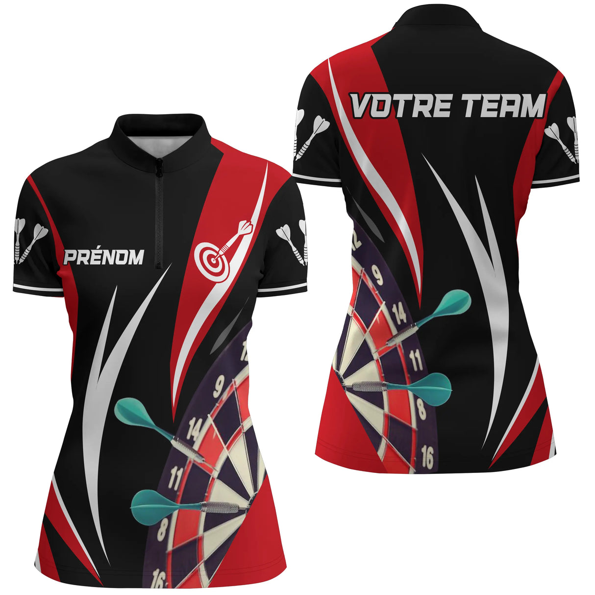 Polo Fléchettes Personnalisé - Équipe Noir & Rouge - Polo Zippé Femme