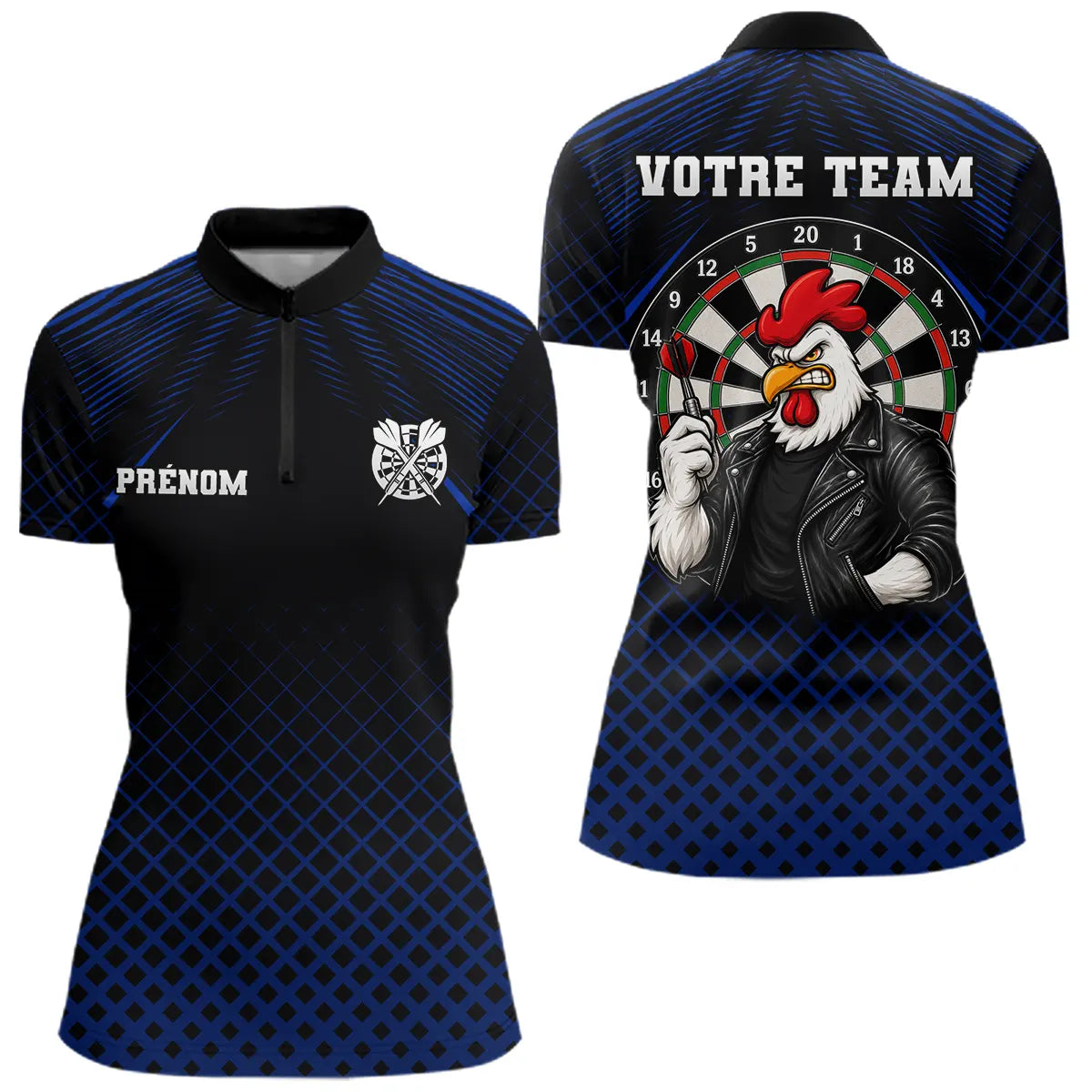 Polo Fléchettes Personnalisé Bleu - Coq Gaulois Homme Femme - Polo Zippé Femme
