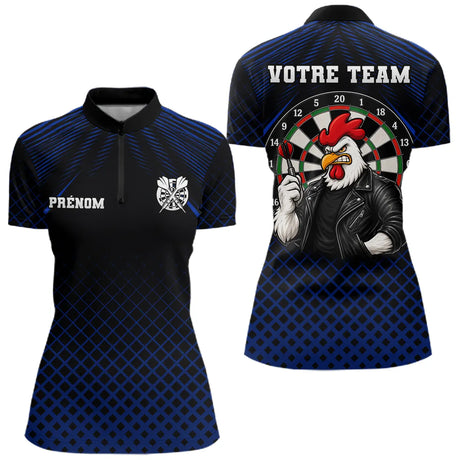 Polo Fléchettes Personnalisé Bleu - Coq Gaulois Homme Femme - Polo Zippé Femme