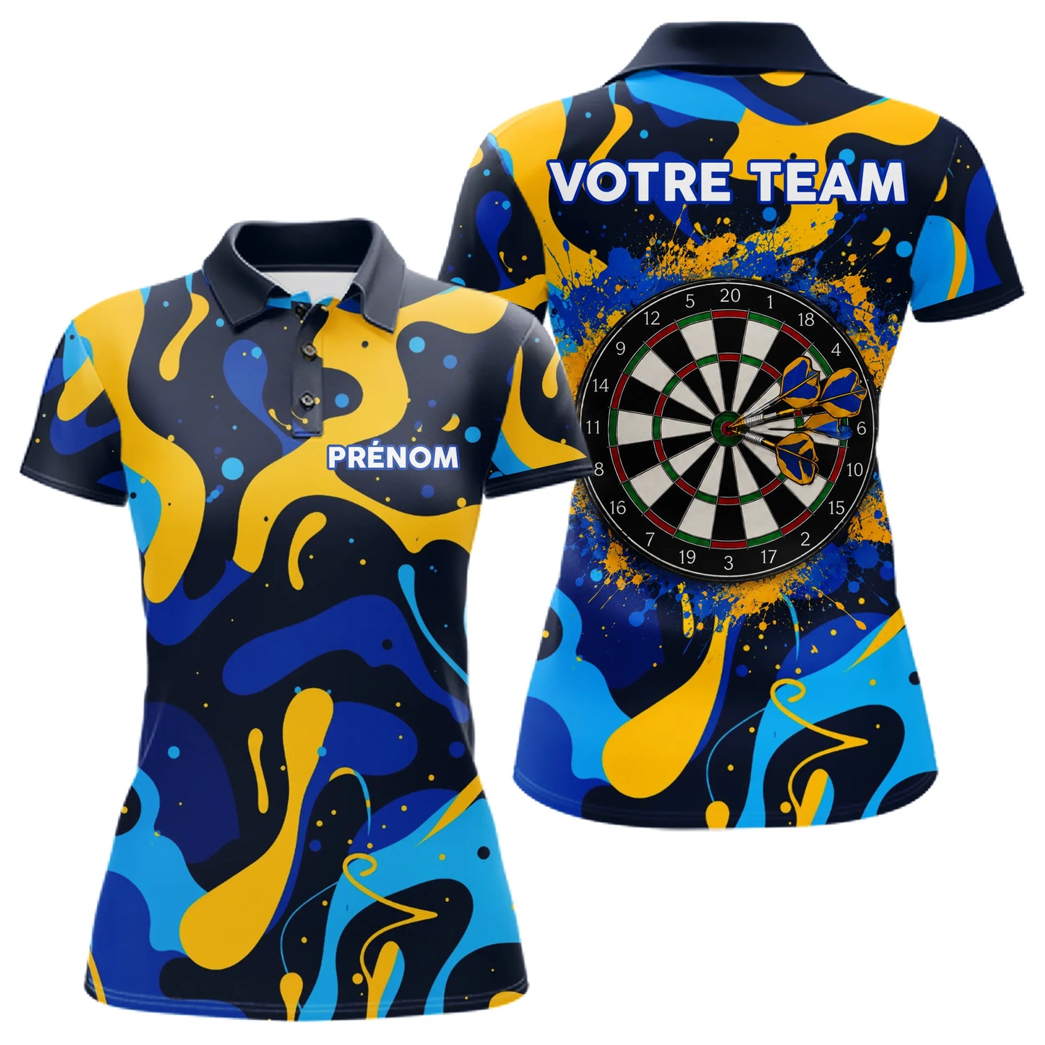 Polo Fléchettes Personnalisé Bleu Jaune - Cadeau Passionné - Polo Femme