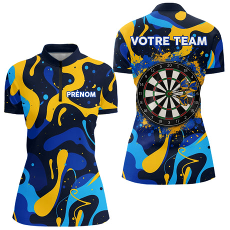 Polo Fléchettes Personnalisé Bleu Jaune - Cadeau Passionné - Polo Zippé Femme
