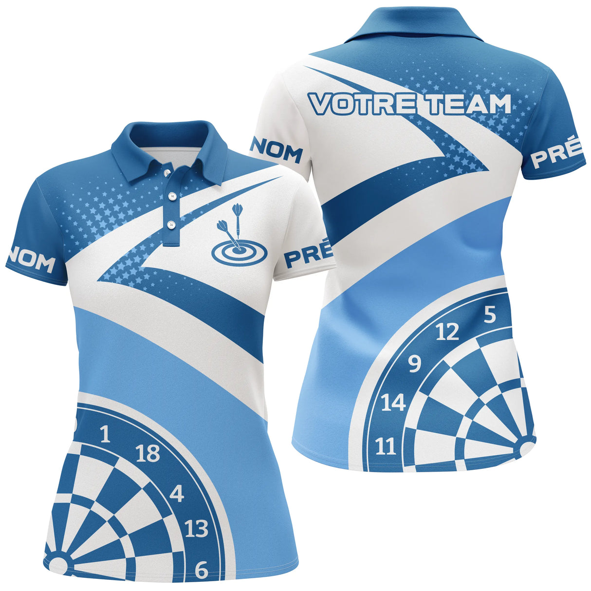 Polo Fléchettes Personnalisé – Design Étoilé Bleu Ciel - Polo Femme