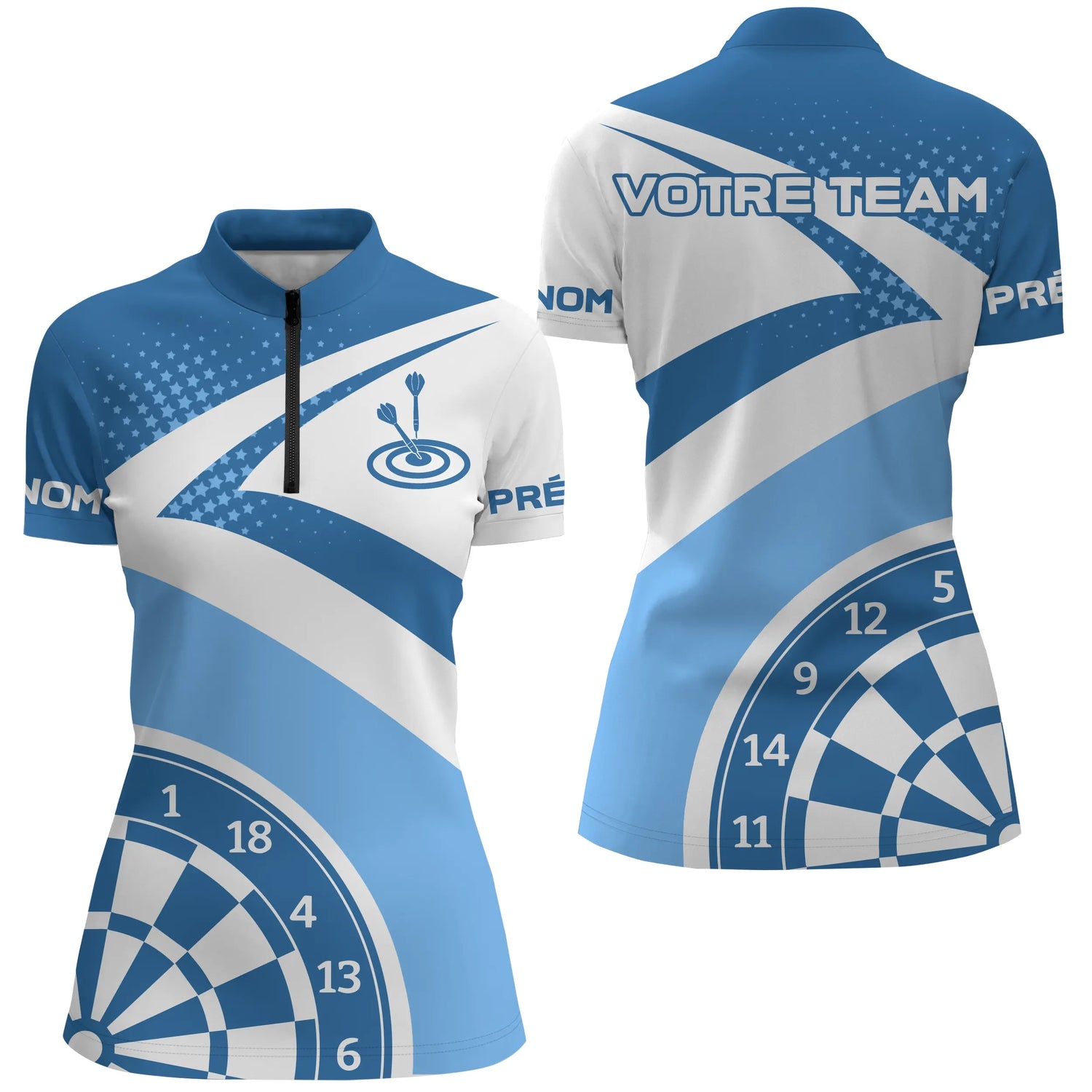 Polo Fléchettes Personnalisé – Design Étoilé Bleu Ciel - Polo Zippé Femme
