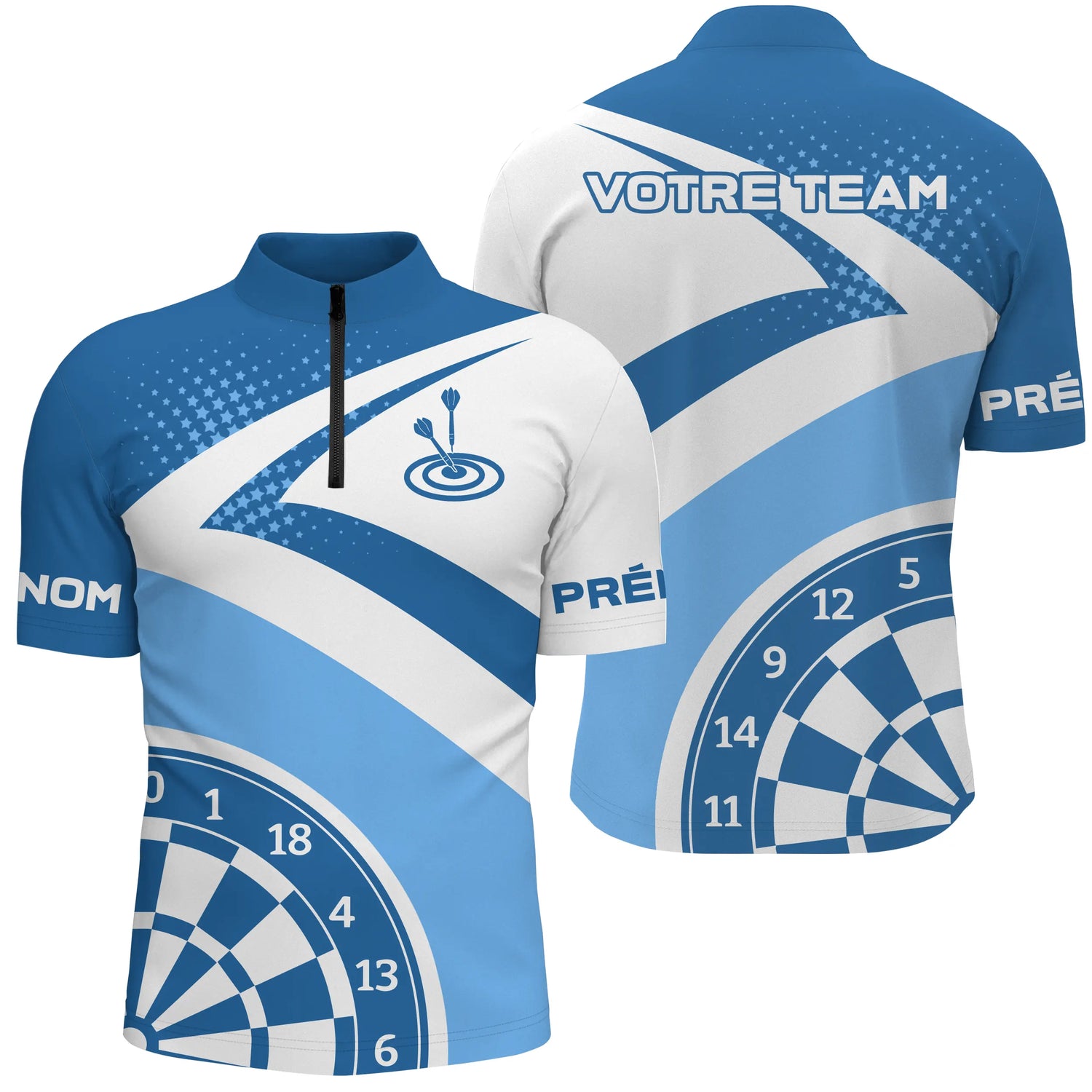Polo Fléchettes Personnalisé – Design Étoilé Bleu Ciel - Polo Zippé Homme