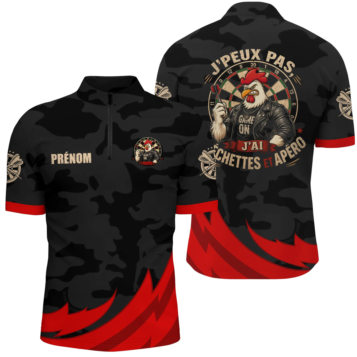 Polo Fléchettes Personnalisé Gaulois – Coq Rebelle Noir & Rouge - Polo Zippé Homme