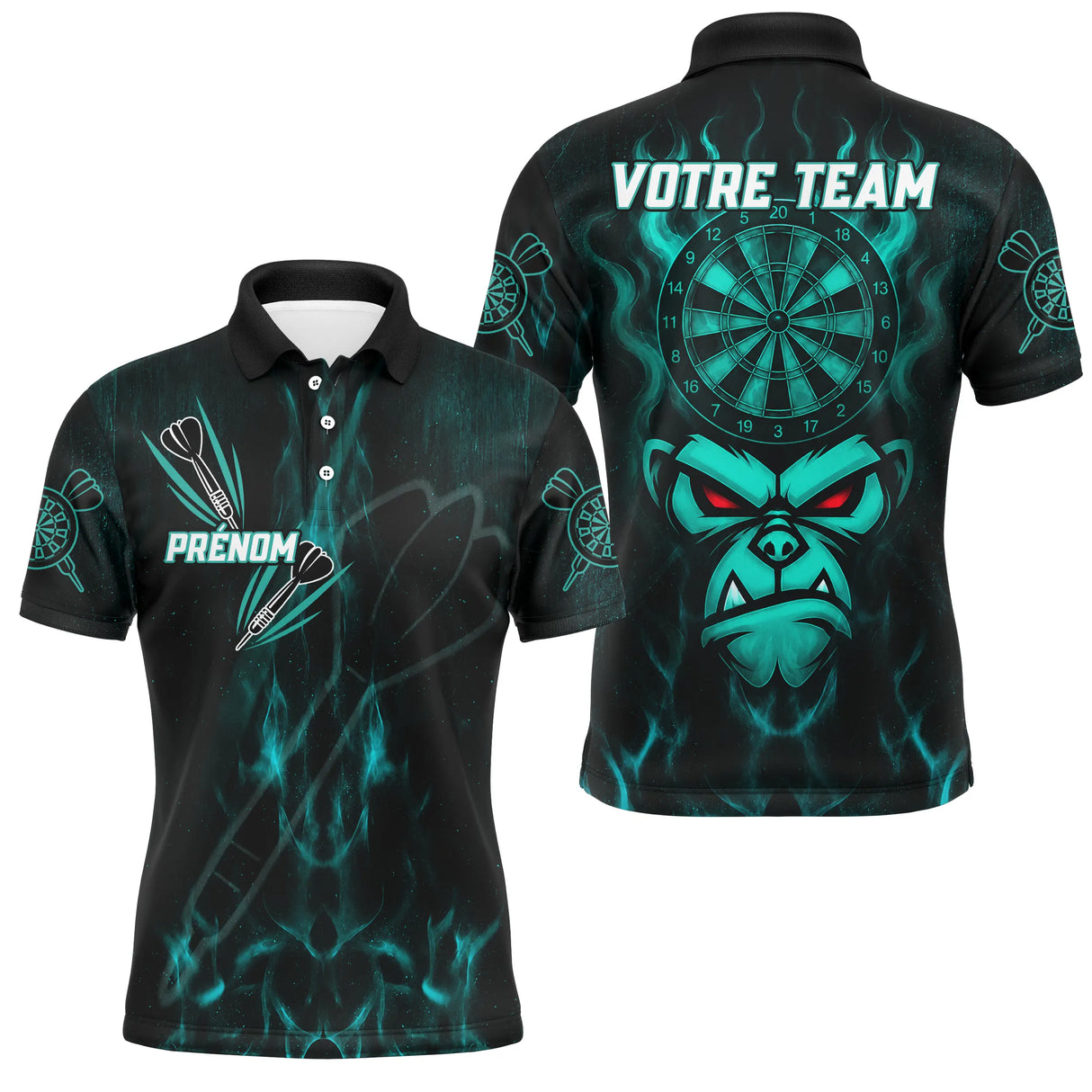 Polo Fléchettes Personnalisé – Style Singe Flammes Cyan - Polo Homme
