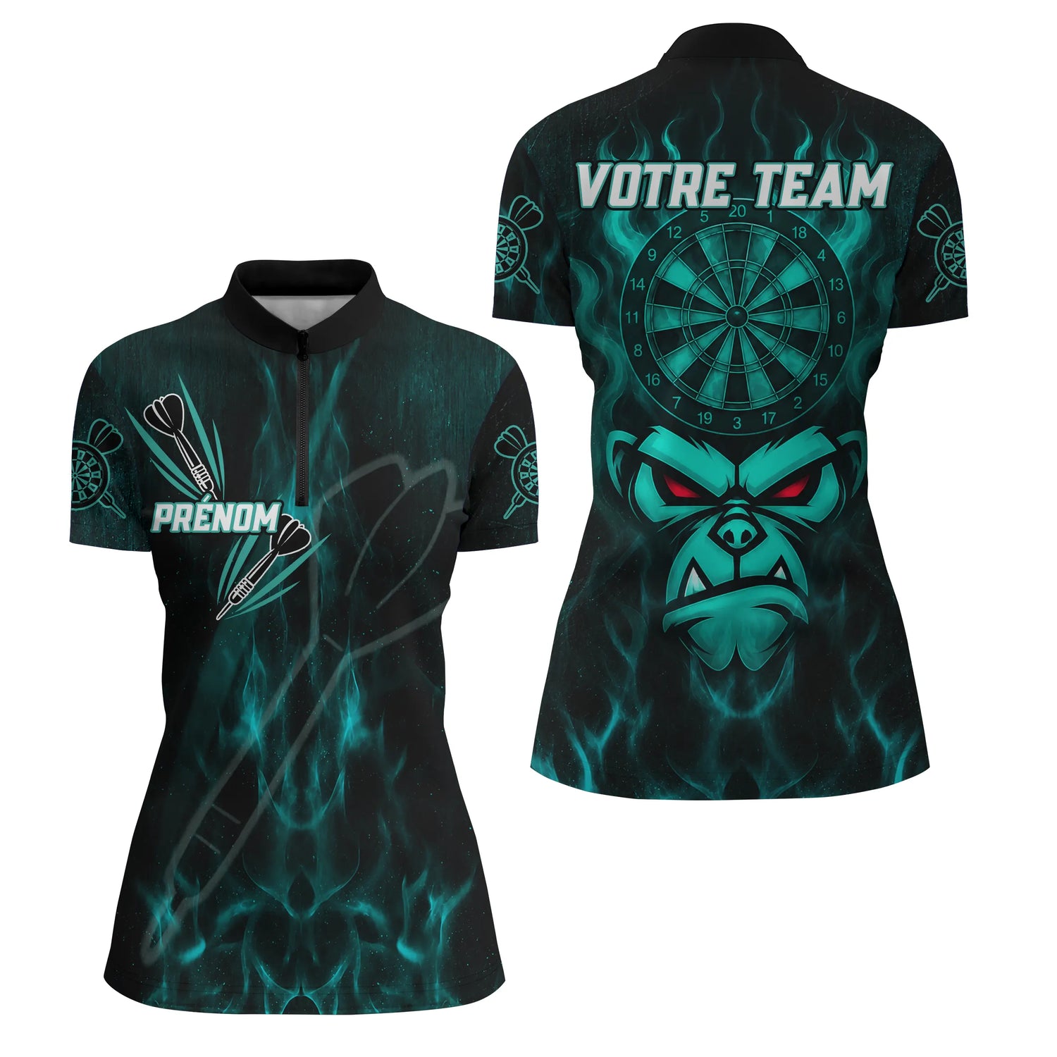 Polo Fléchettes Personnalisé – Style Singe Flammes Cyan - Polo Zippé Femme