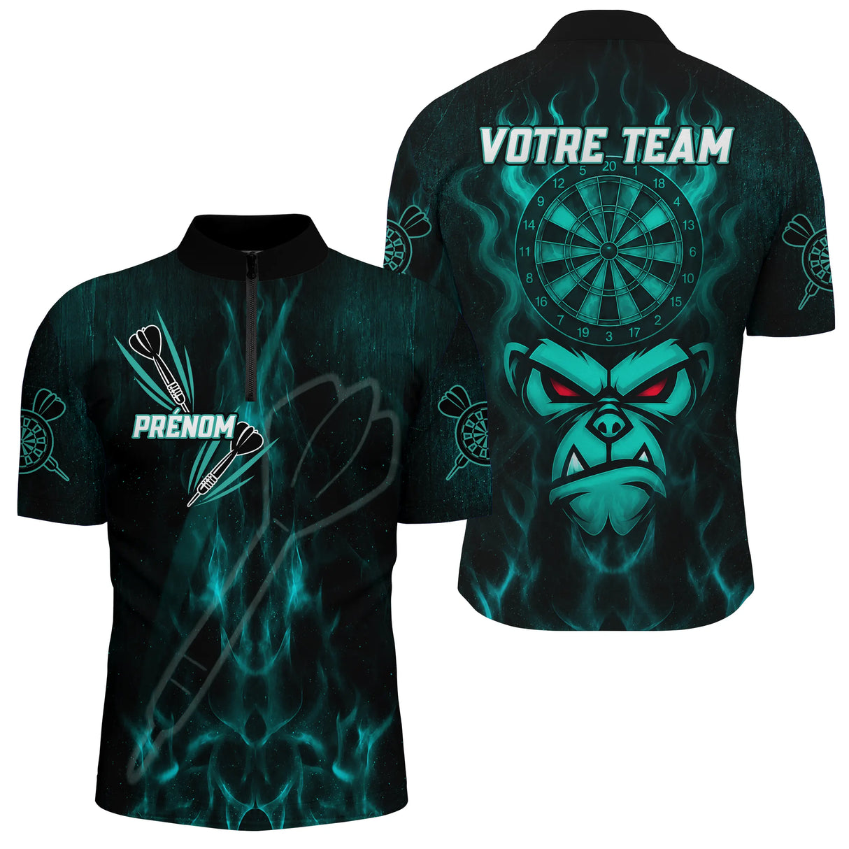 Polo Fléchettes Personnalisé – Style Singe Flammes Cyan - Polo Zippé Homme