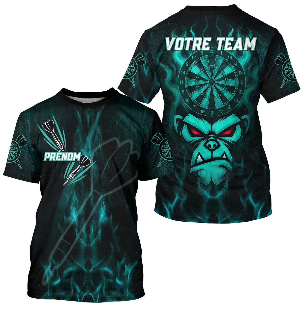 Polo Fléchettes Personnalisé – Style Singe Flammes Cyan - T-Shirt Homme