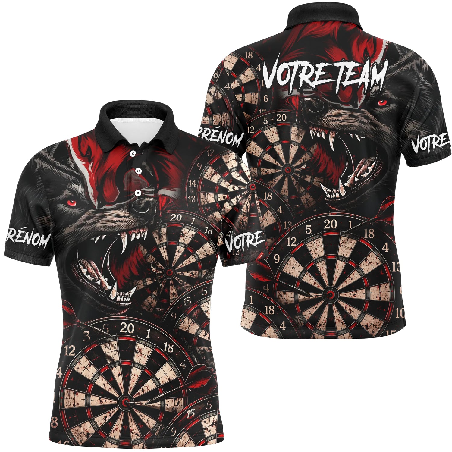 Polo Fléchettes Personnalisé Équipe - Loup Sauvage Noir & Rouge - Polo Homme